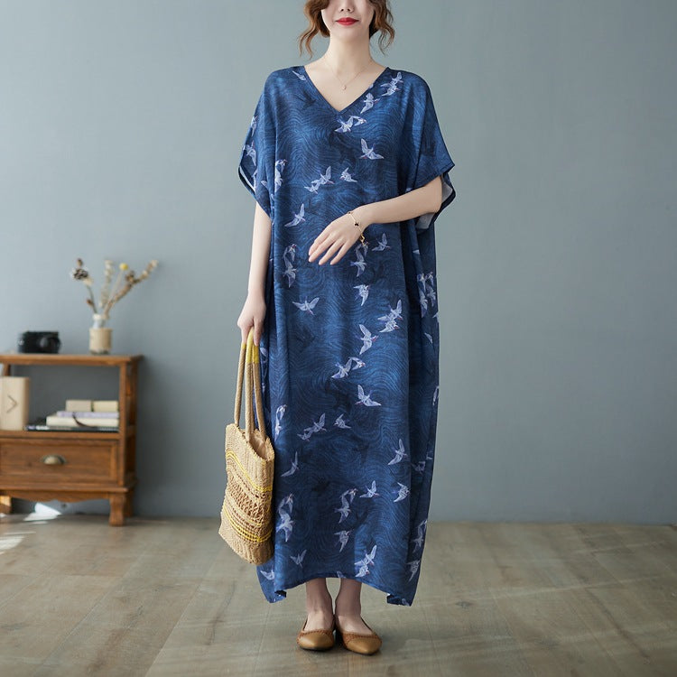 Vintage Print V-neck Short Sleeve Maxi Dress