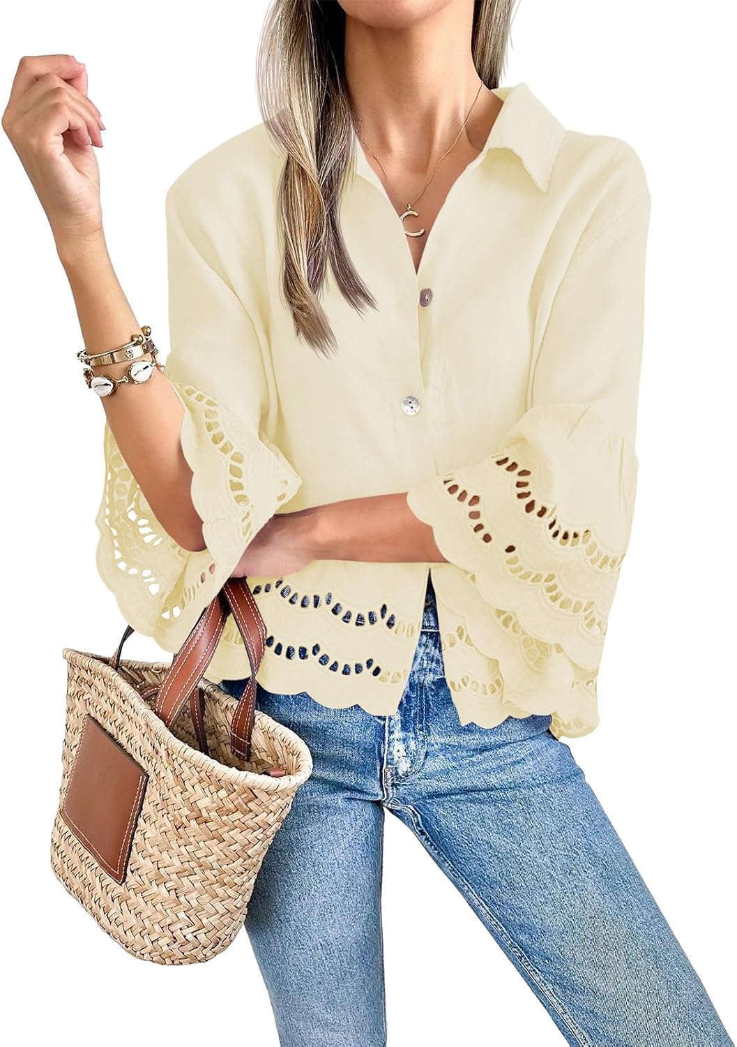 PinkLaura 2025 Women's 3/4 Bell Sleeve Button Down Eyelet Blouse (Buy 2 Free Shipping）