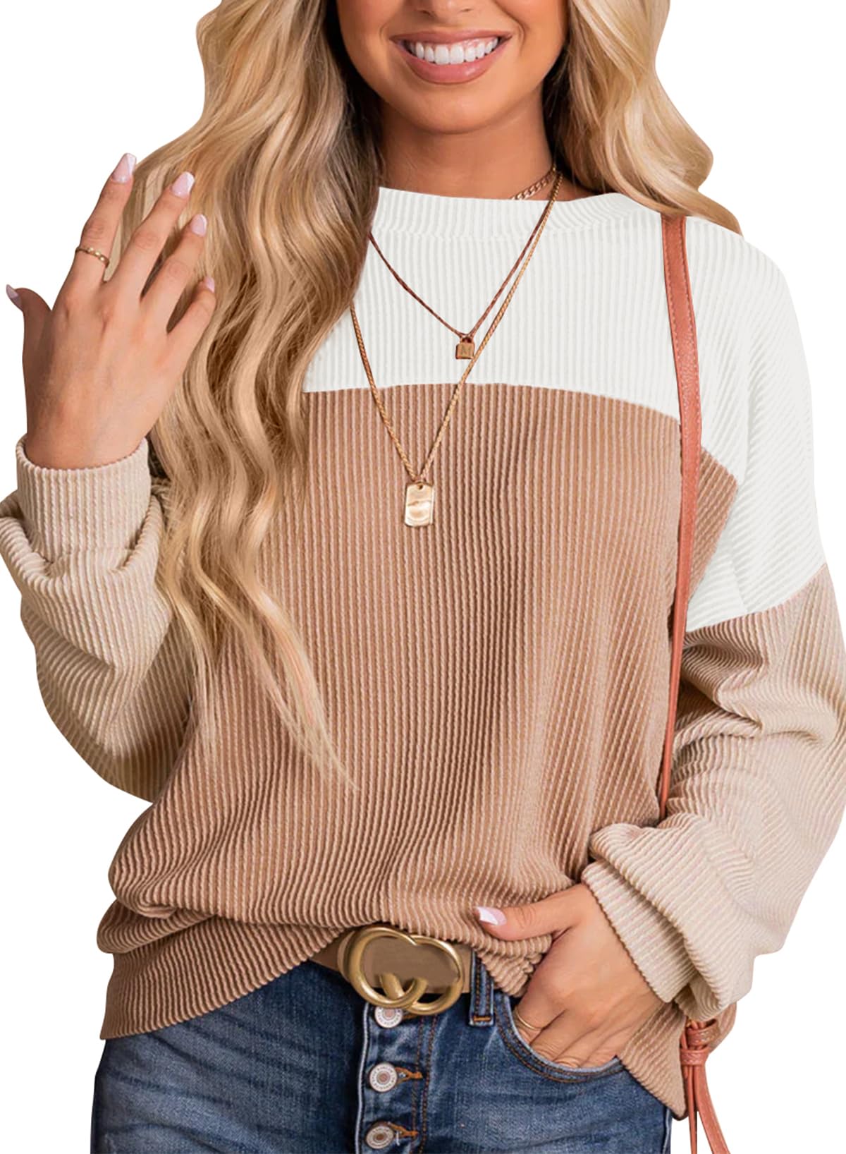 Womens Fashion Long Sleeve Crewneck Knitted Casual Loose Pullover Shirts Tops