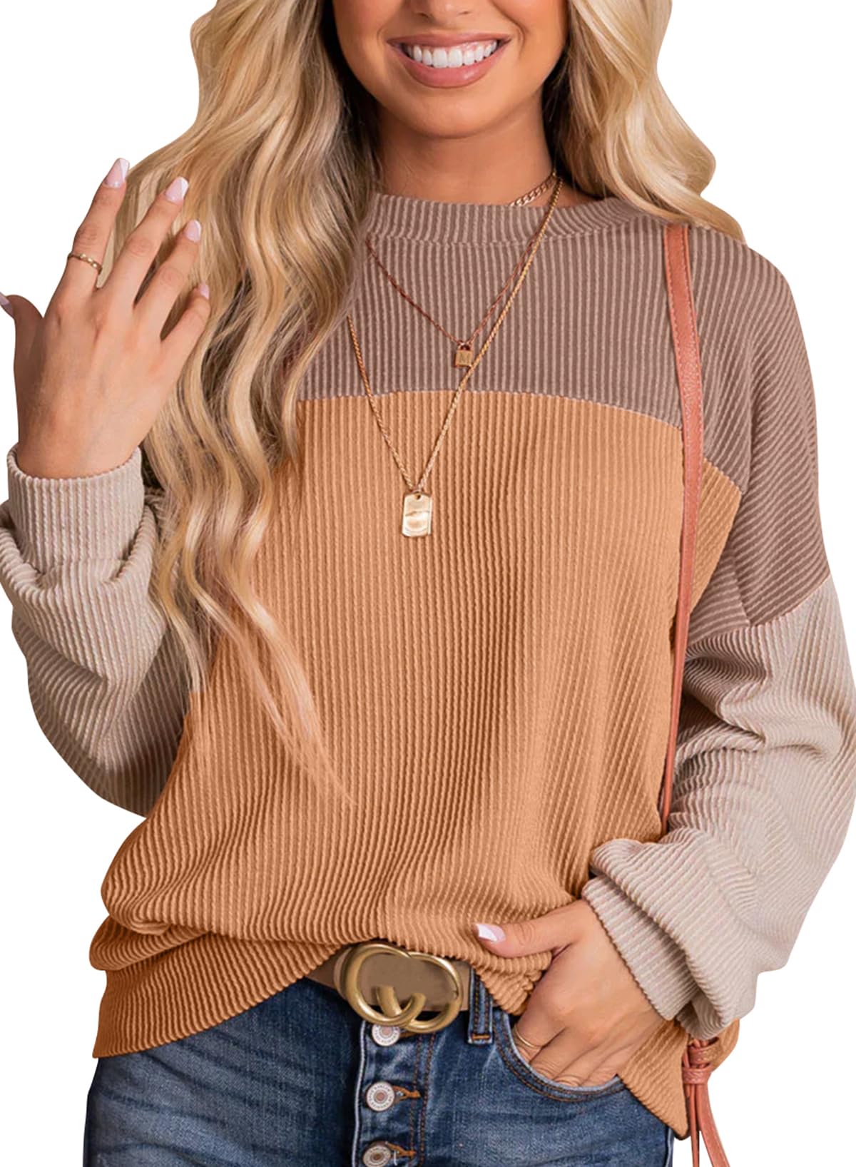 Womens Fashion Long Sleeve Crewneck Knitted Casual Loose Pullover Shirts Tops