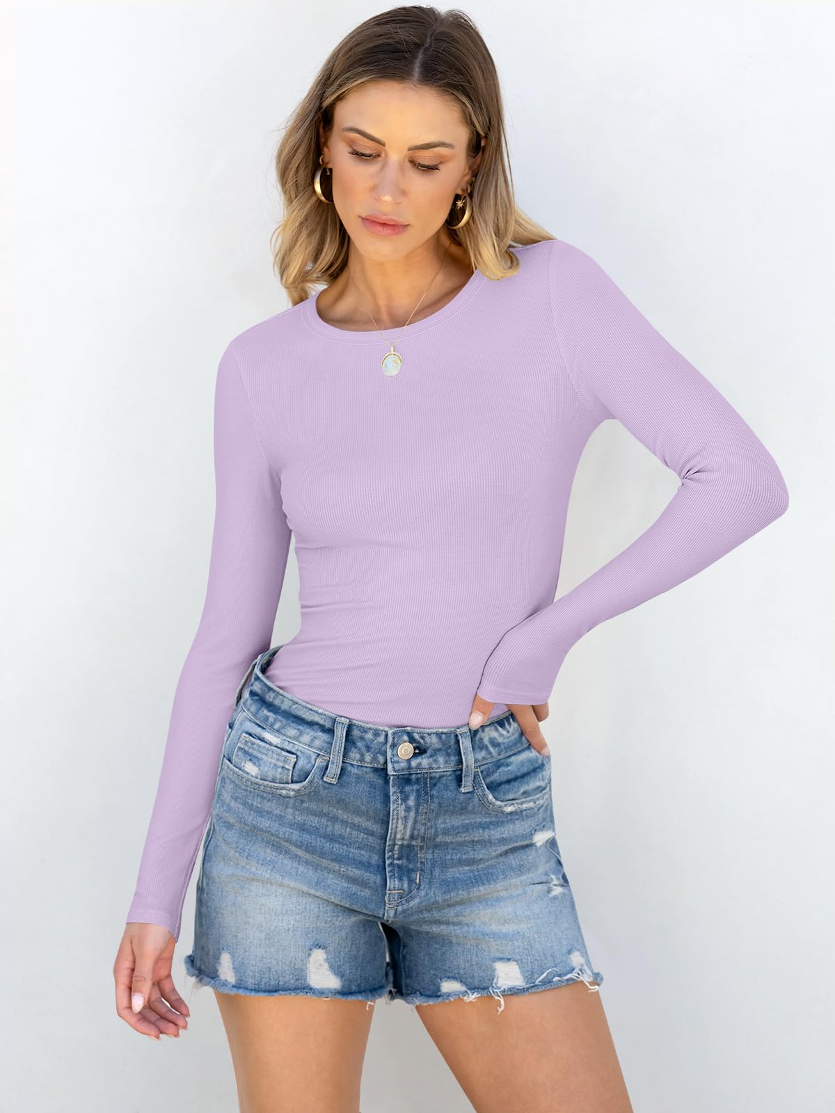Women Long Sleeve Crewneck Rib Knit Slim Fit Shirts Basic Tee Tops