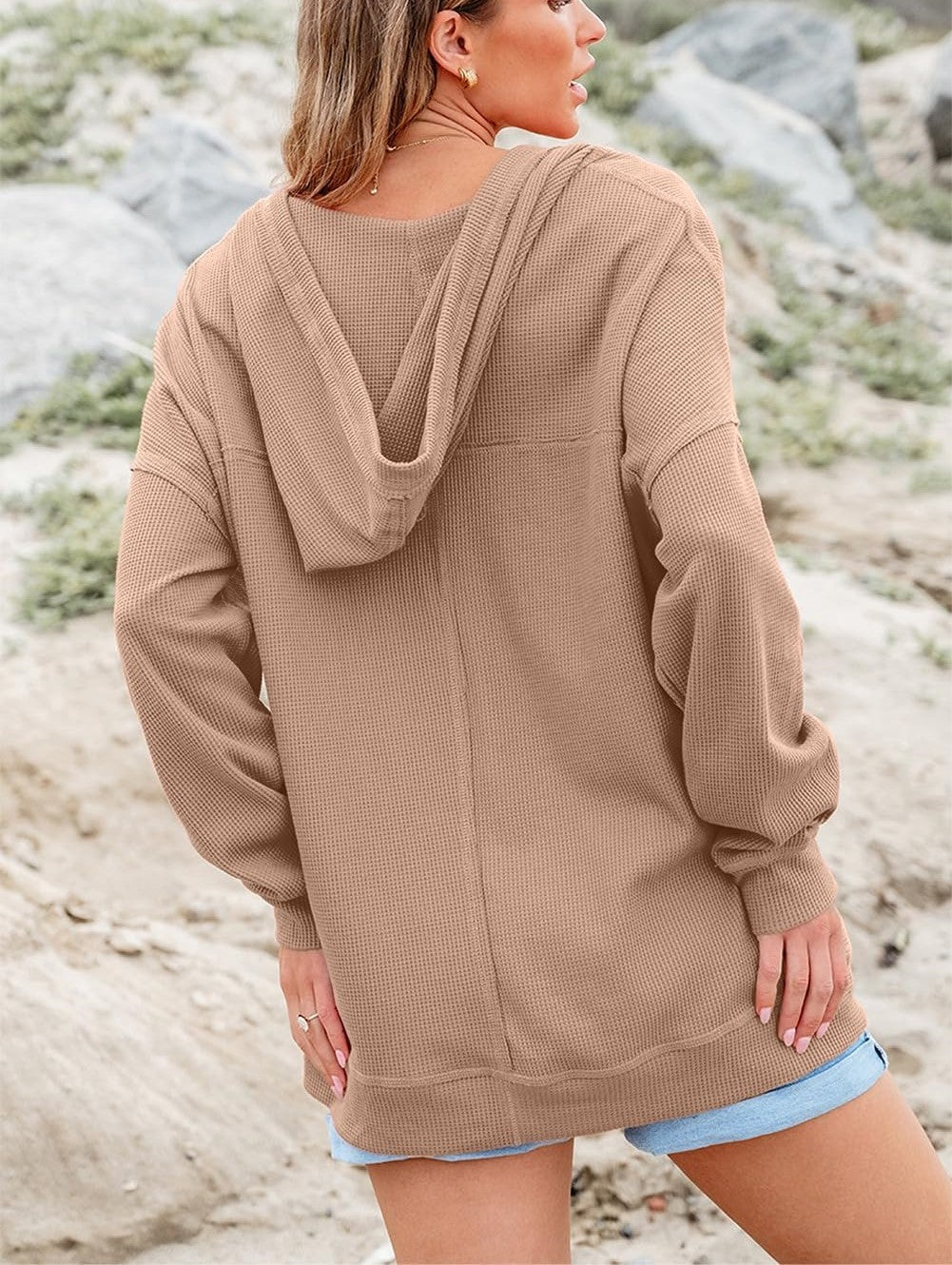 Oversized V-neck Drawstring Waffle Knit Top【Buy Two Free Shipping】