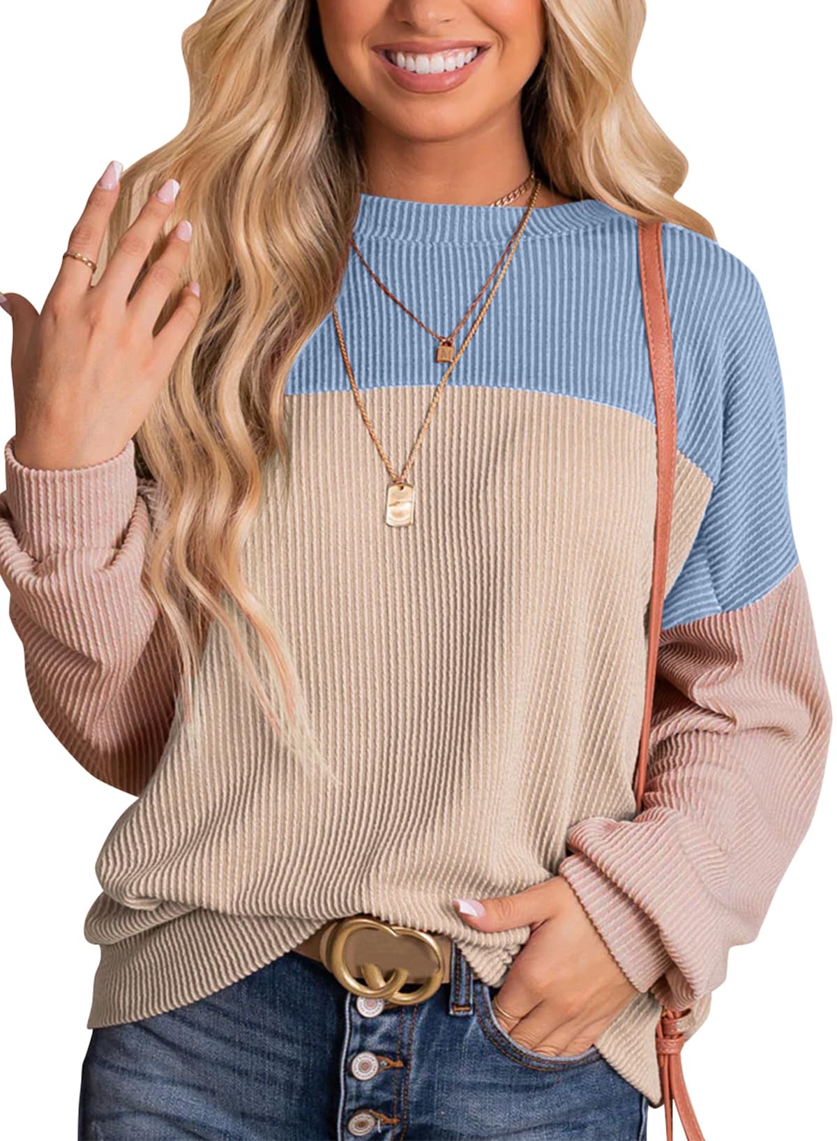 Womens Fashion Long Sleeve Crewneck Knitted Casual Loose Pullover Shirts Tops