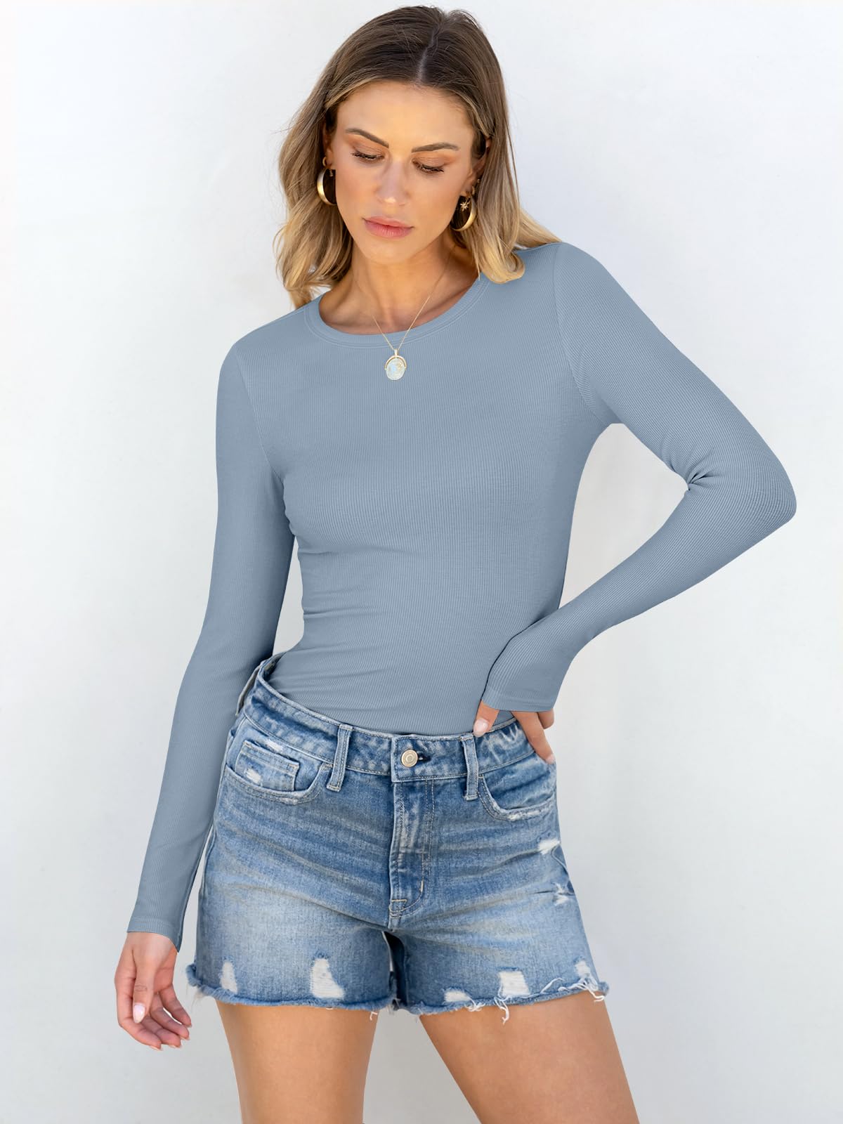 Women Long Sleeve Crewneck Rib Knit Slim Fit Shirts Basic Tee Tops