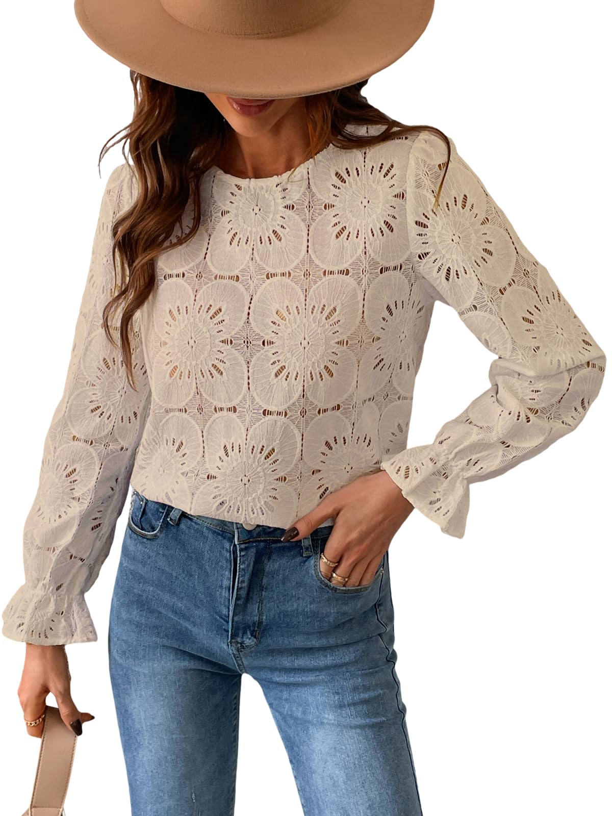 Women Eyelet Long Sleeve Tops