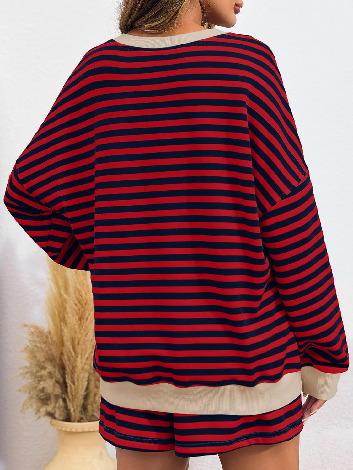 Striped Casual V-Neck Oversized Sweatshirt And Drawstring Shorts Set (Buy 2 Free Shipping)