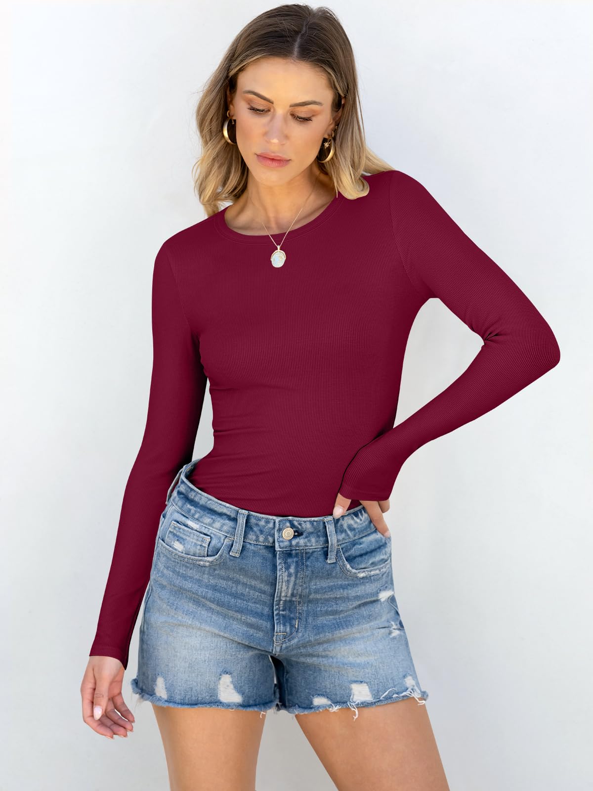 Women Long Sleeve Crewneck Rib Knit Slim Fit Shirts Basic Tee Tops
