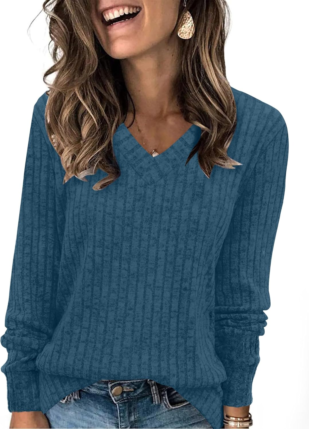 V Neck Long Sleeve Shirts for Women Casual Fall Tops Lightweight Tunic Sweaters Fashion Clothes 2024