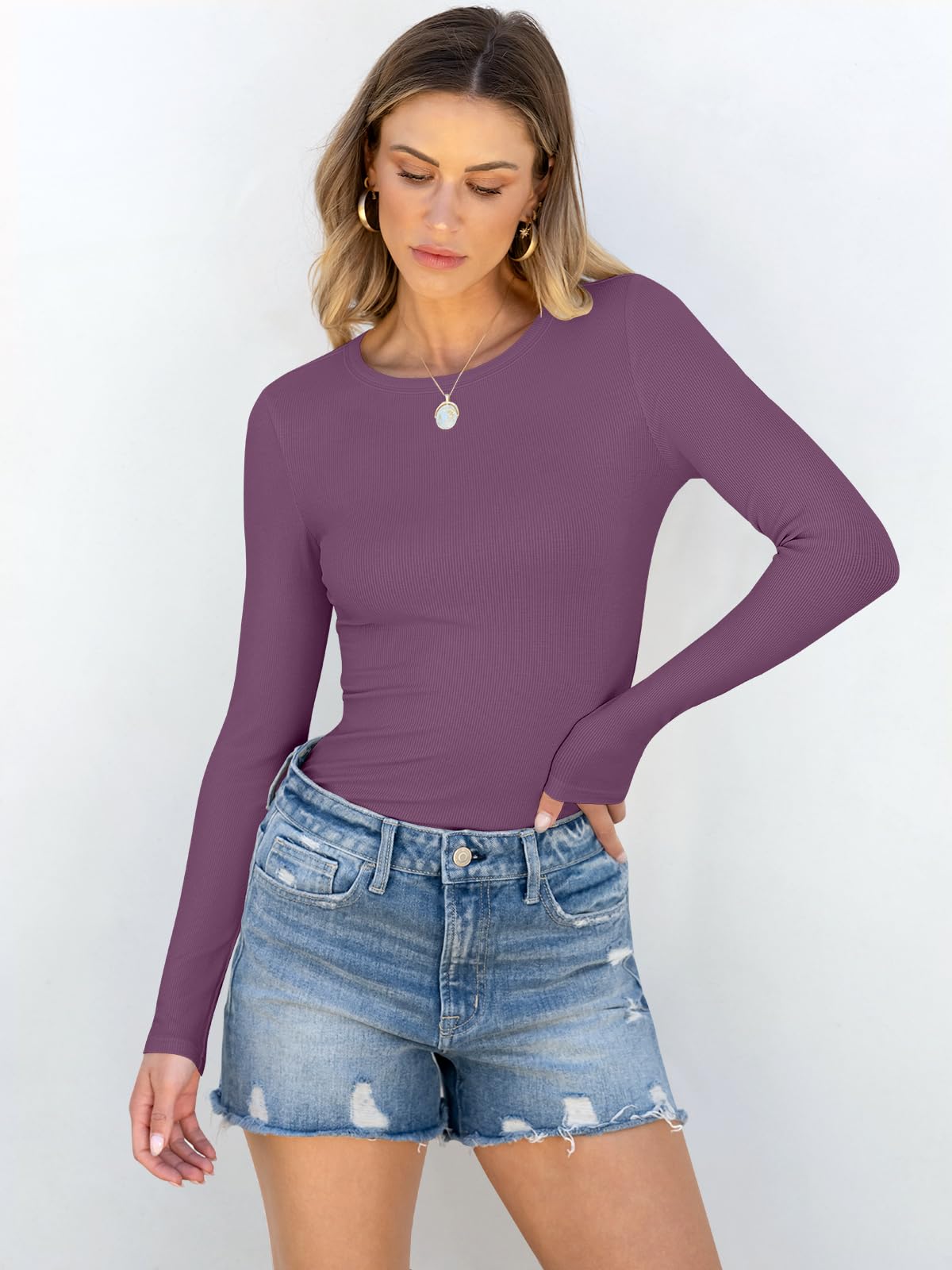 Women Long Sleeve Crewneck Rib Knit Slim Fit Shirts Basic Tee Tops