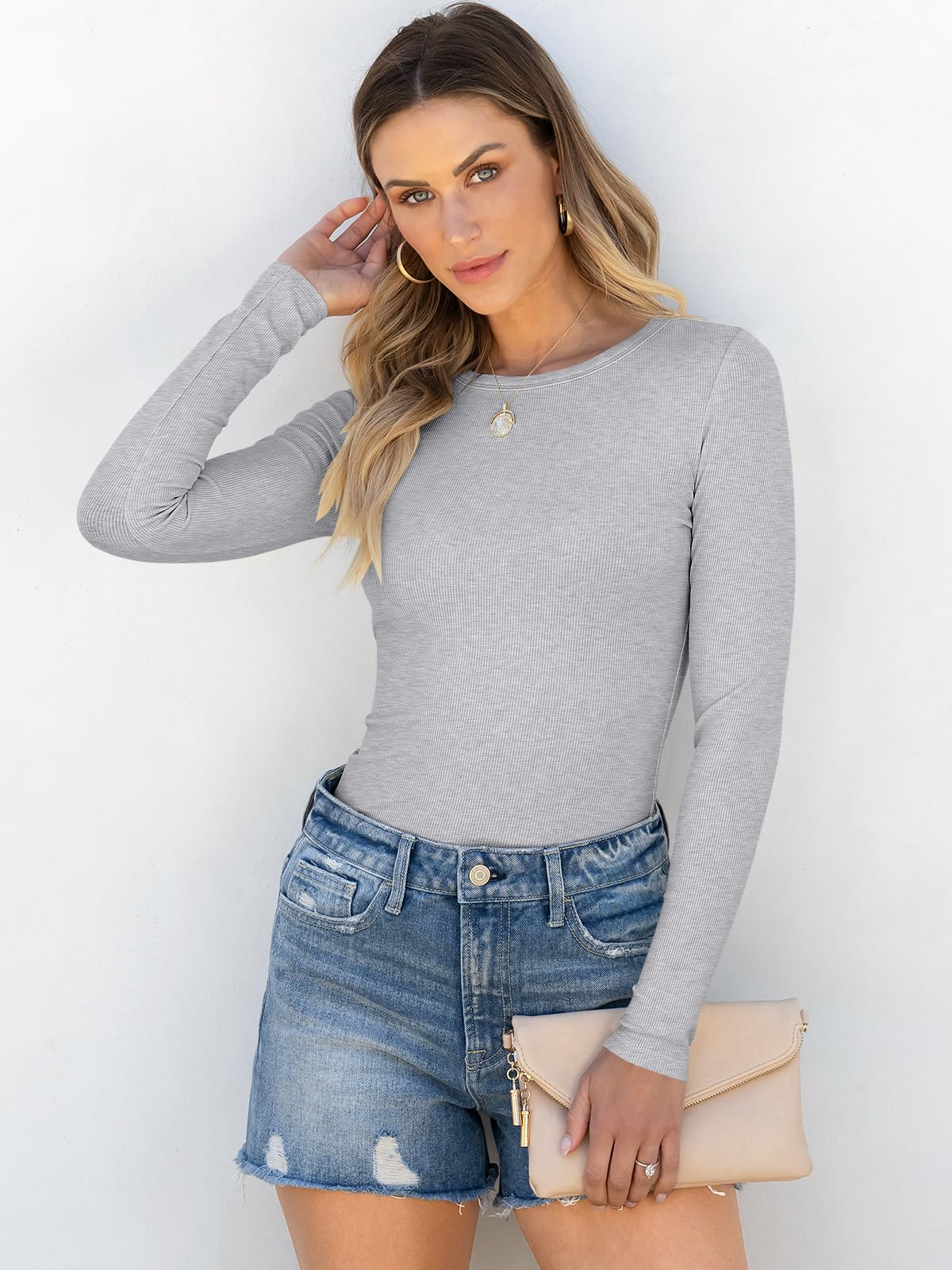 Women Long Sleeve Crewneck Rib Knit Slim Fit Shirts Basic Tee Tops