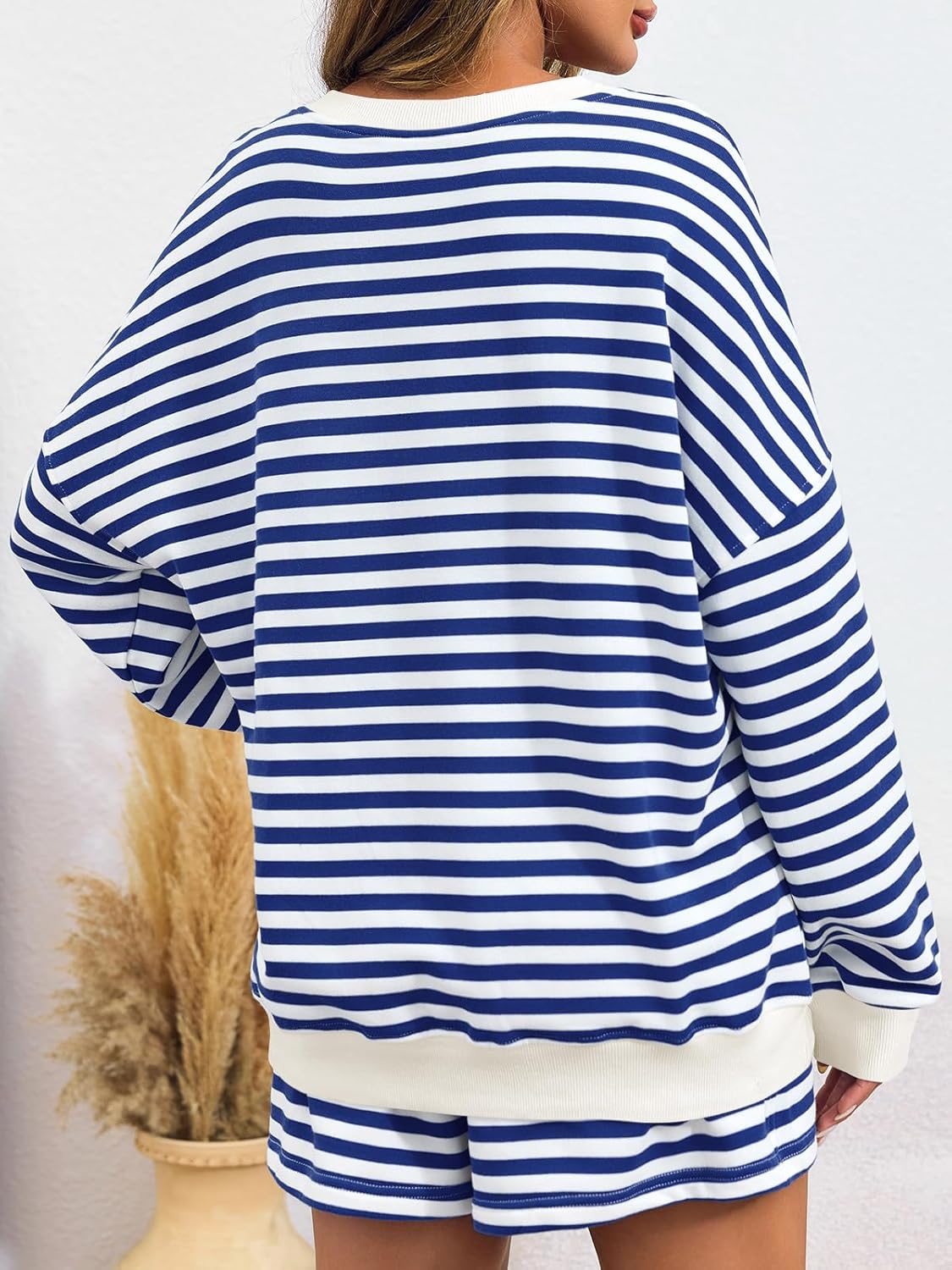 Striped Casual V-Neck Oversized Sweatshirt And Drawstring Shorts Set (Buy 2 Free Shipping)