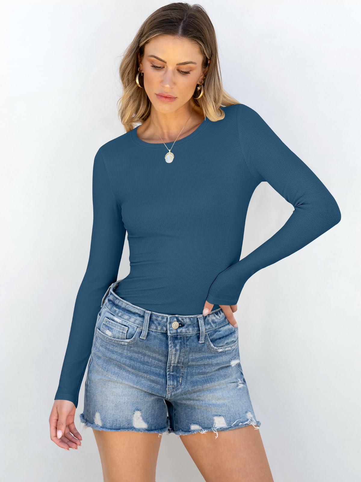 Women Long Sleeve Crewneck Rib Knit Slim Fit Shirts Basic Tee Tops