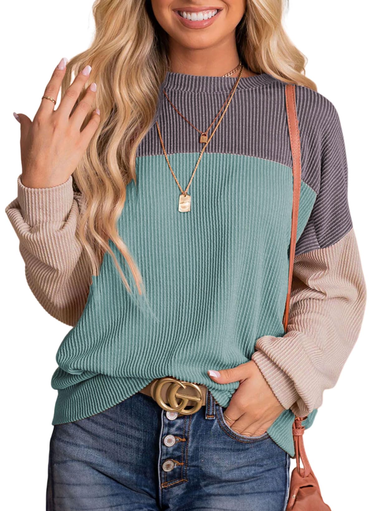 Womens Fashion Long Sleeve Crewneck Knitted Casual Loose Pullover Shirts Tops