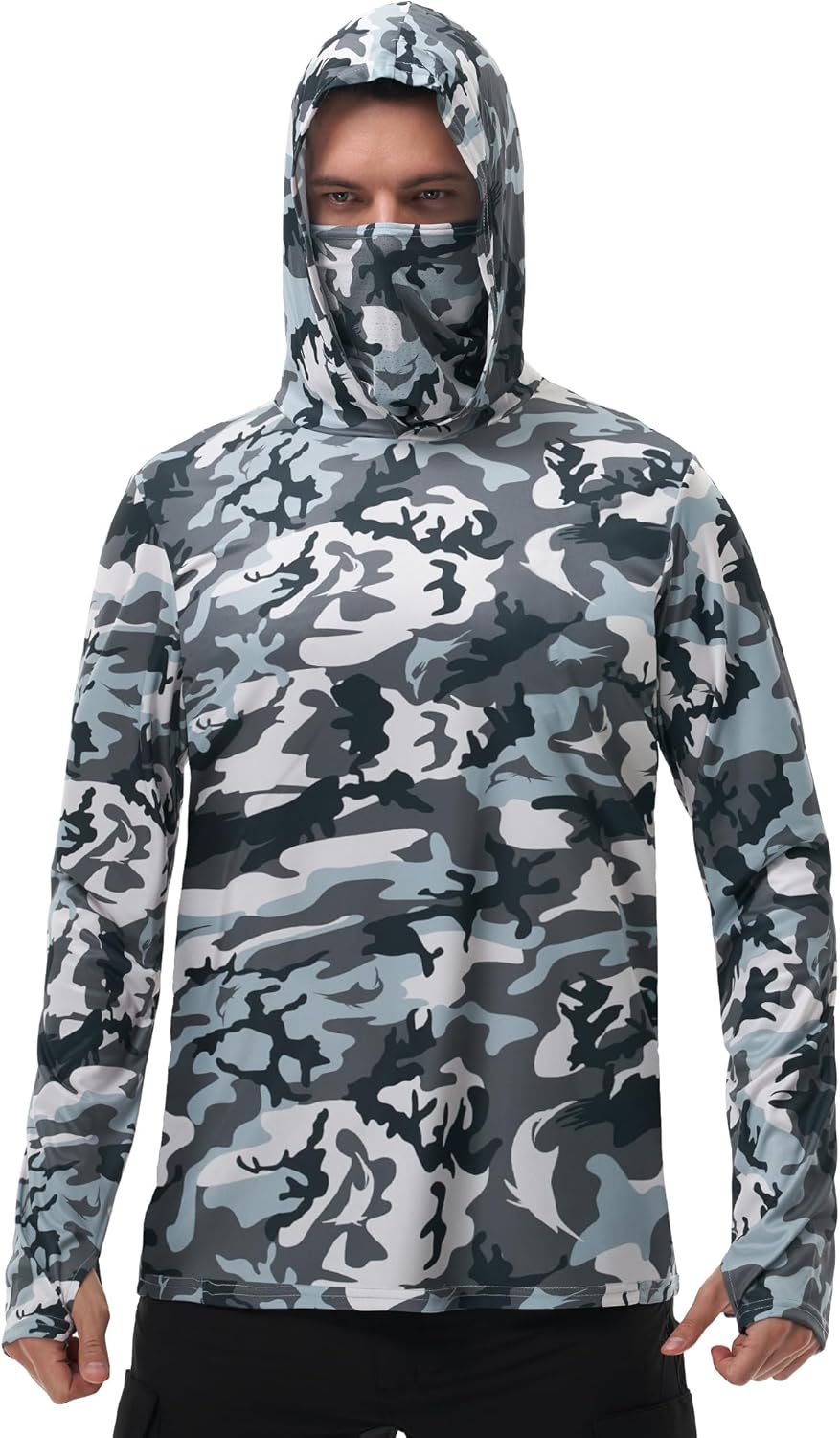 FISHEAL Men's Performance Fishing Hoodie Shirt - UPF 50+ Sun Protection Long Sleeve Thumbholes Shirts with Neck Gaiter