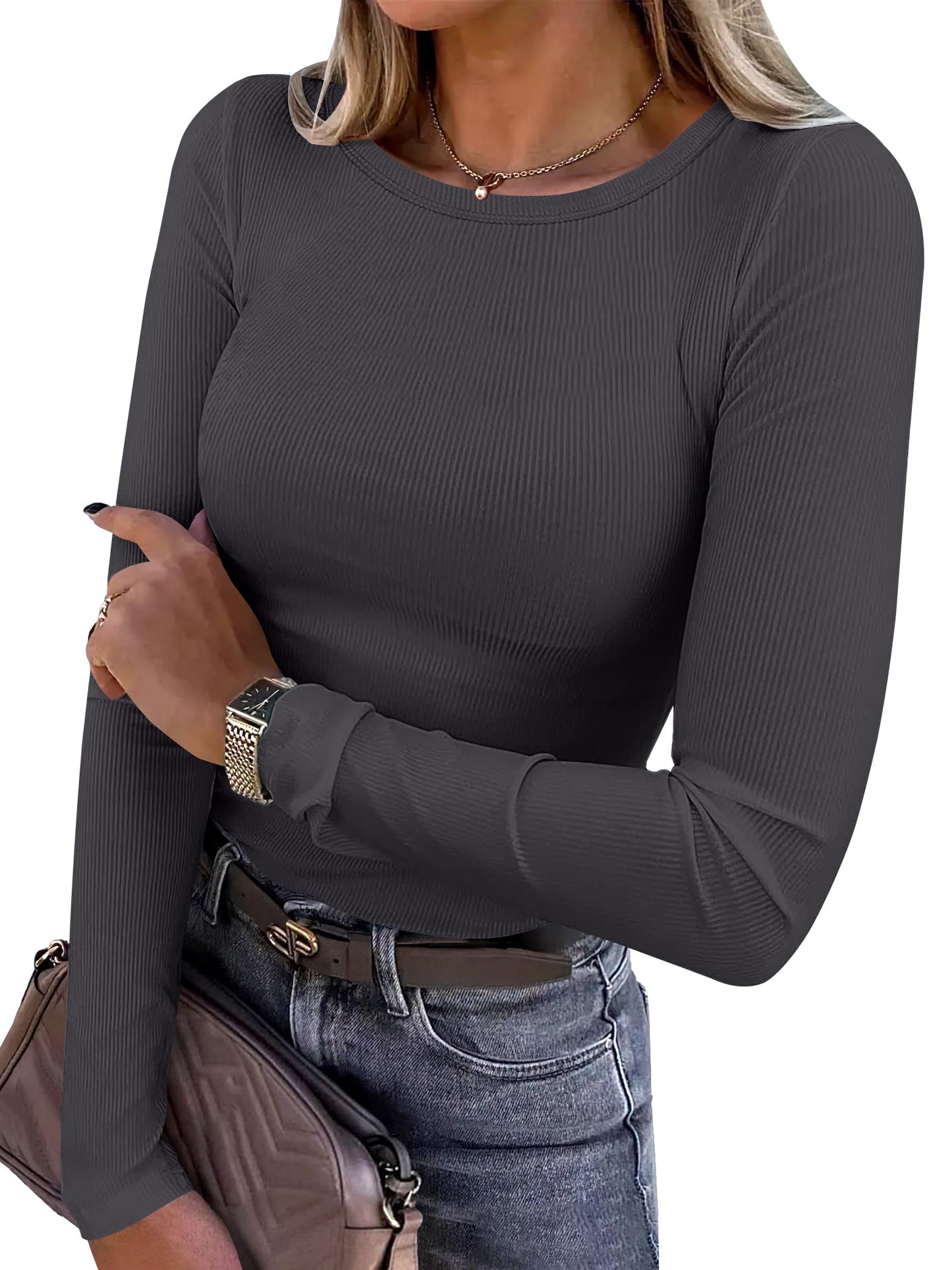 Women Long Sleeve Crewneck Rib Knit Slim Fit Shirts Basic Tee Tops