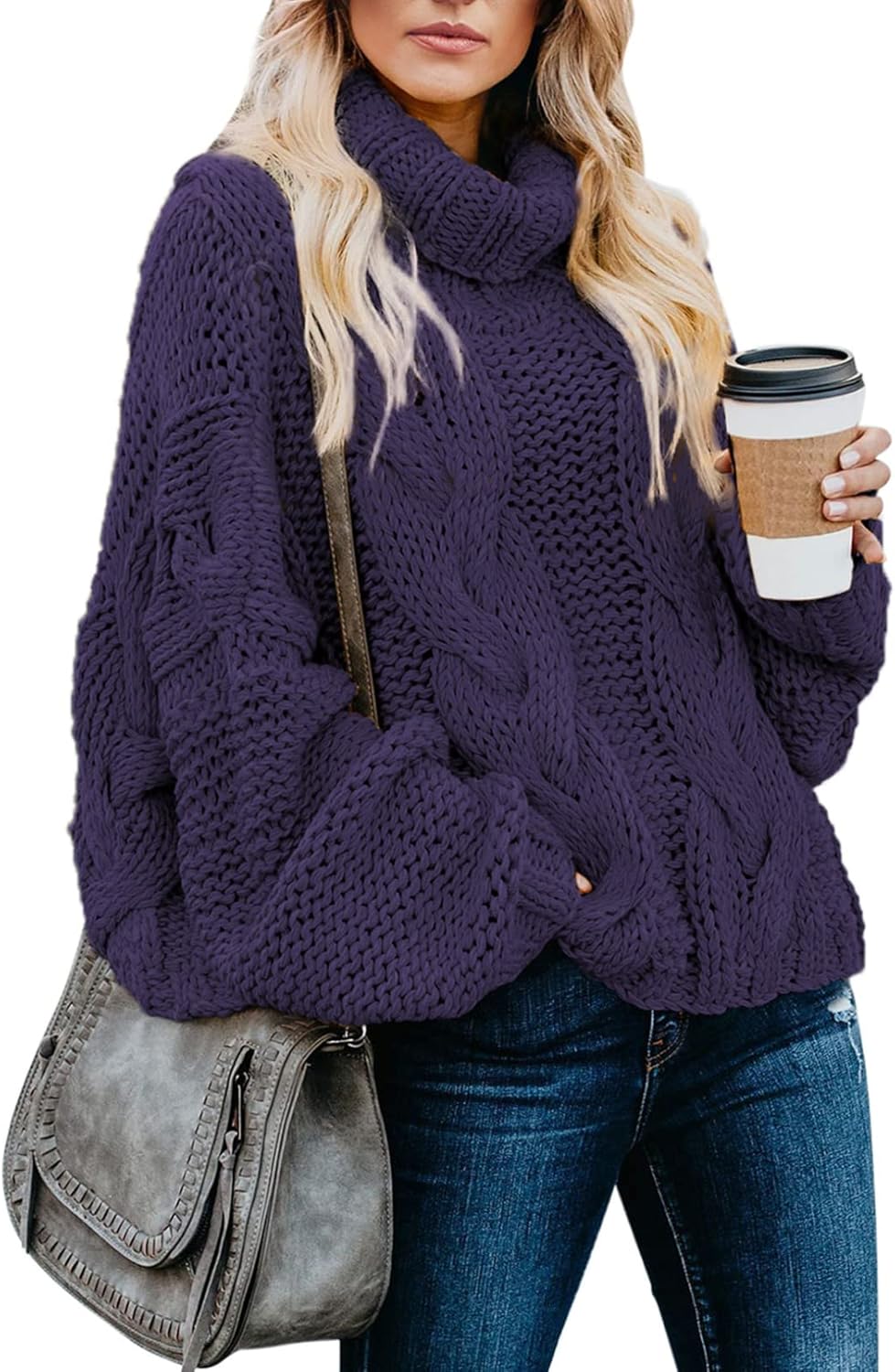 Womens 2024 Winter Fall Solid Turtleneck High Neck Balloon Long Sleeve Sweaters Pullover Outerwear