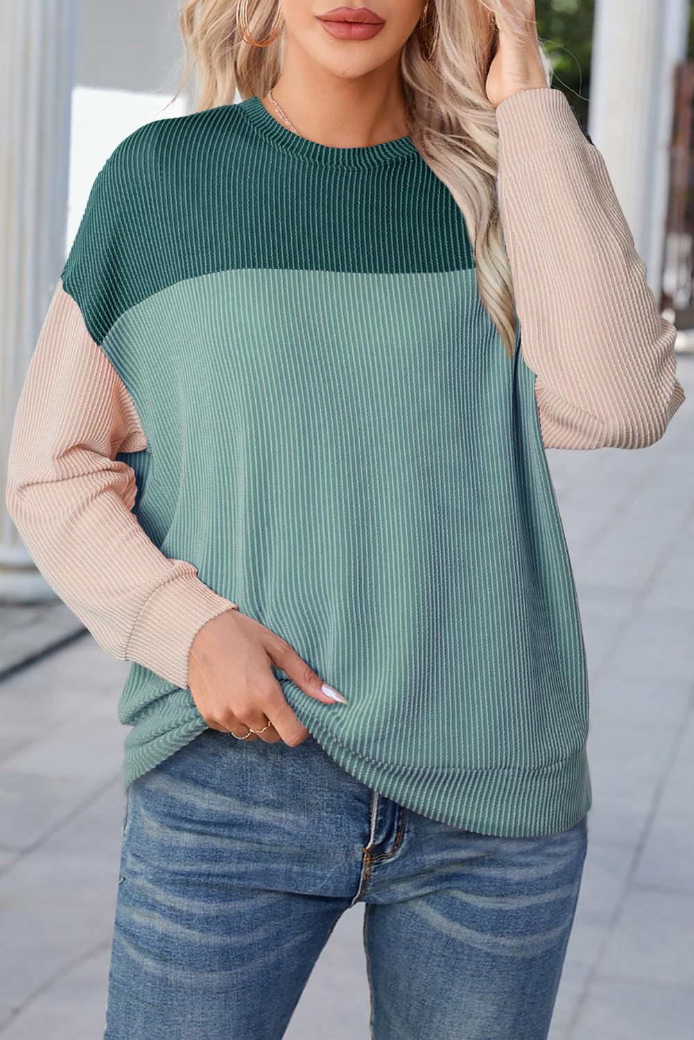 Womens Fashion Long Sleeve Crewneck Knitted Casual Loose Pullover Shirts Tops