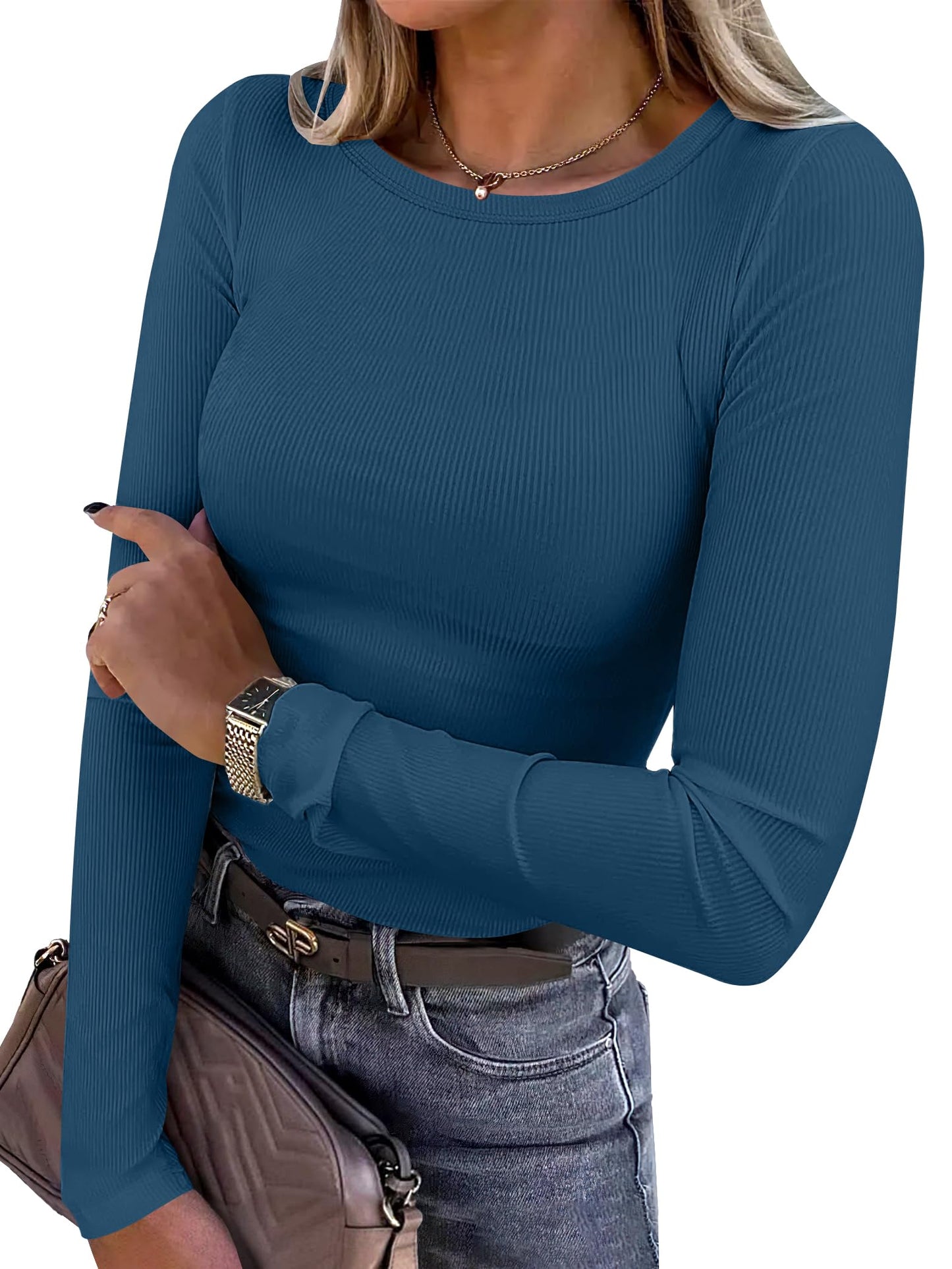 Women Long Sleeve Crewneck Rib Knit Slim Fit Shirts Basic Tee Tops