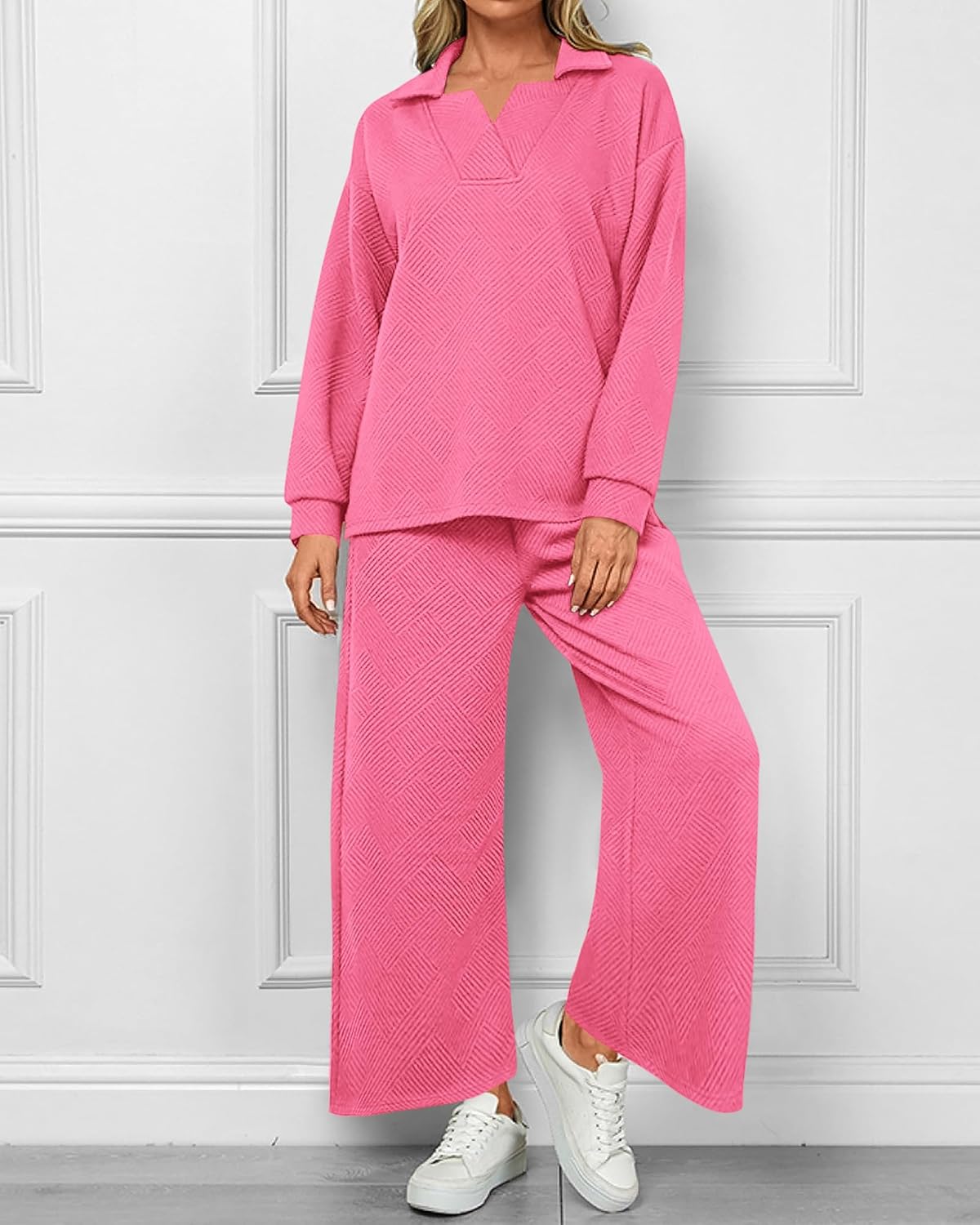Textured V Neck Pullover Wide Leg Pants Lounge Set (Buy 2 Free Shipping)