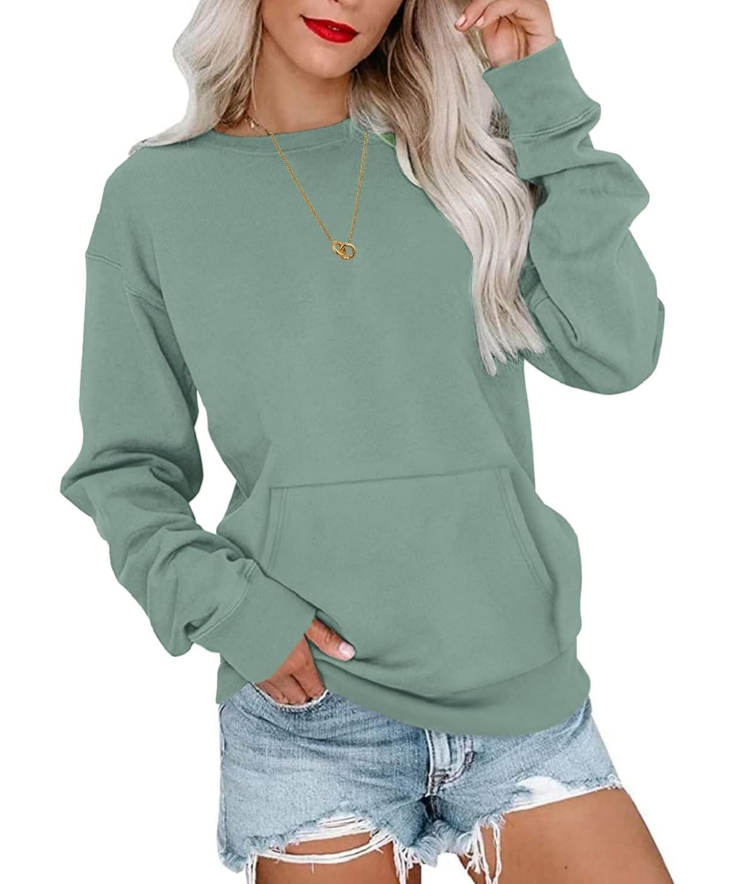 Basic Round Neck Loose Sweatshirt With Pockets (Buy 2 Free Shipping)