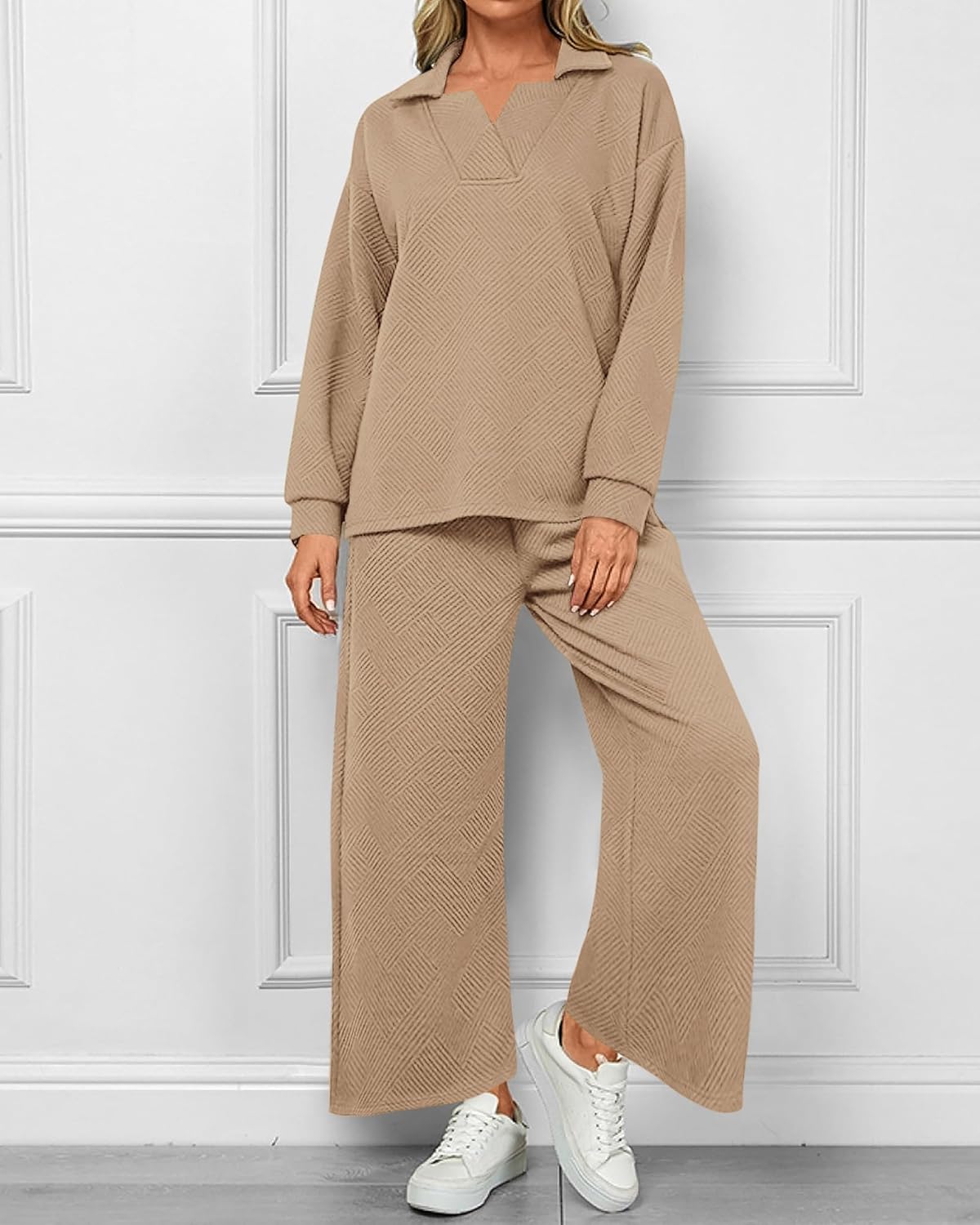 Textured V Neck Pullover Wide Leg Pants Lounge Set (Buy 2 Free Shipping)