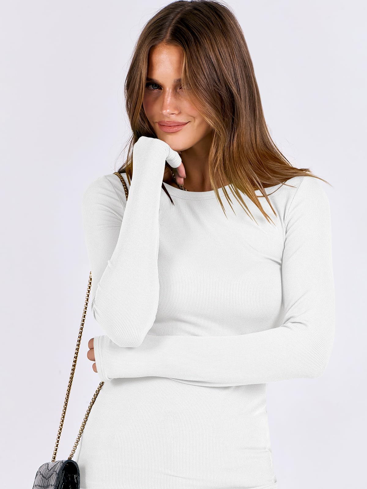 Women Long Sleeve Crewneck Rib Knit Slim Fit Shirts Basic Tee Tops