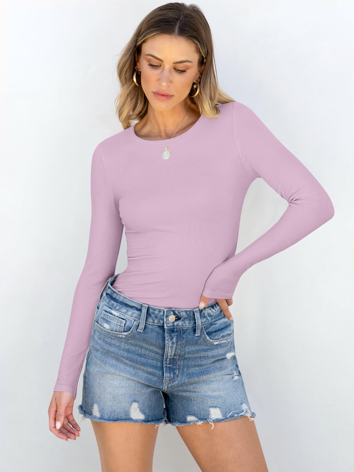 Women Long Sleeve Crewneck Rib Knit Slim Fit Shirts Basic Tee Tops