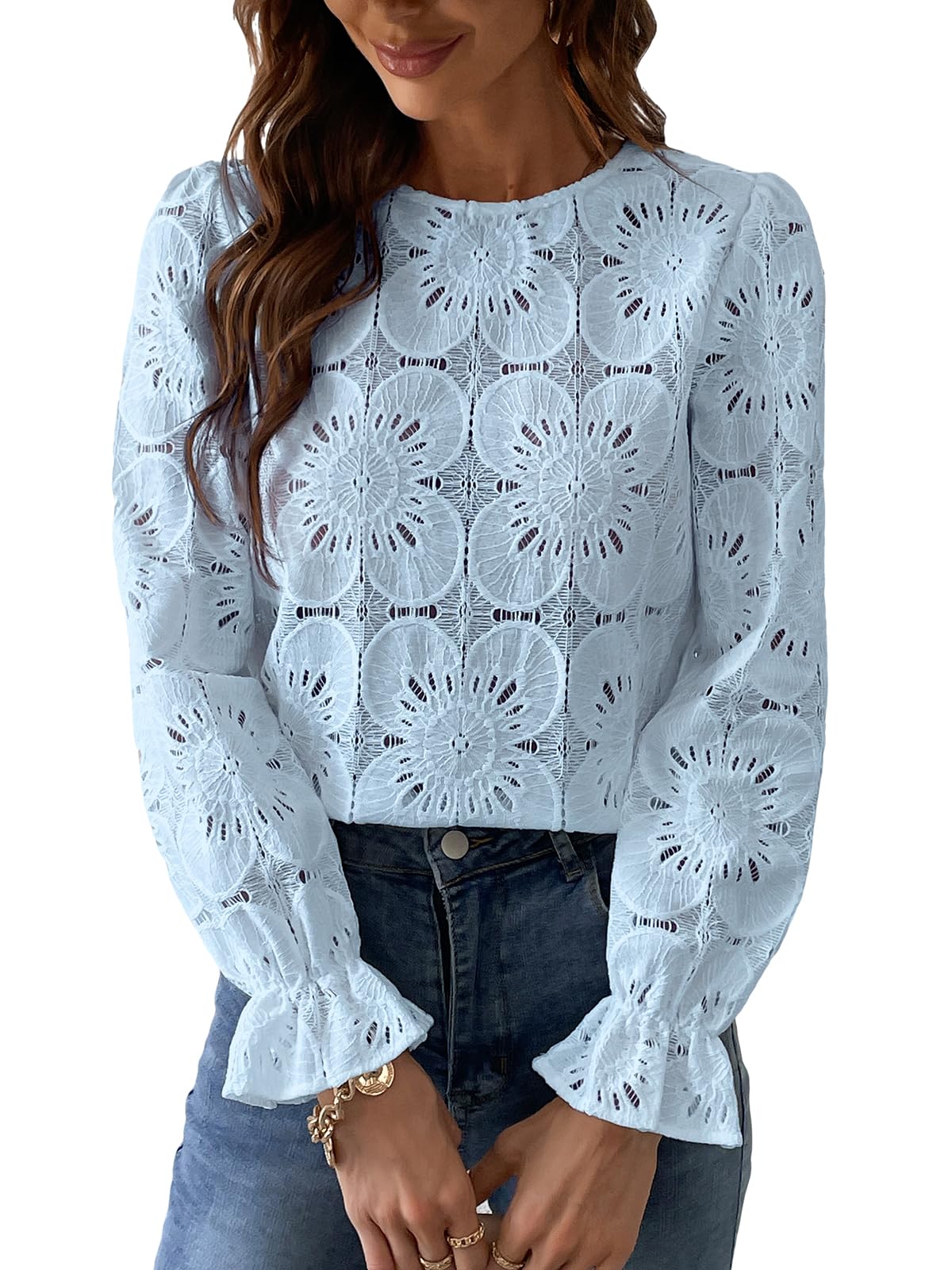 Women Eyelet Long Sleeve Tops