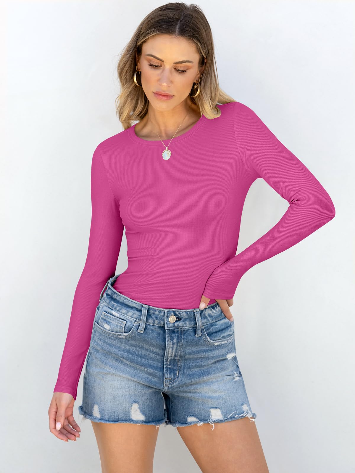 Women Long Sleeve Crewneck Rib Knit Slim Fit Shirts Basic Tee Tops