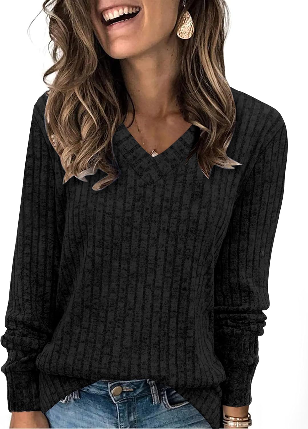 V Neck Long Sleeve Shirts for Women Casual Fall Tops Lightweight Tunic Sweaters Fashion Clothes 2024