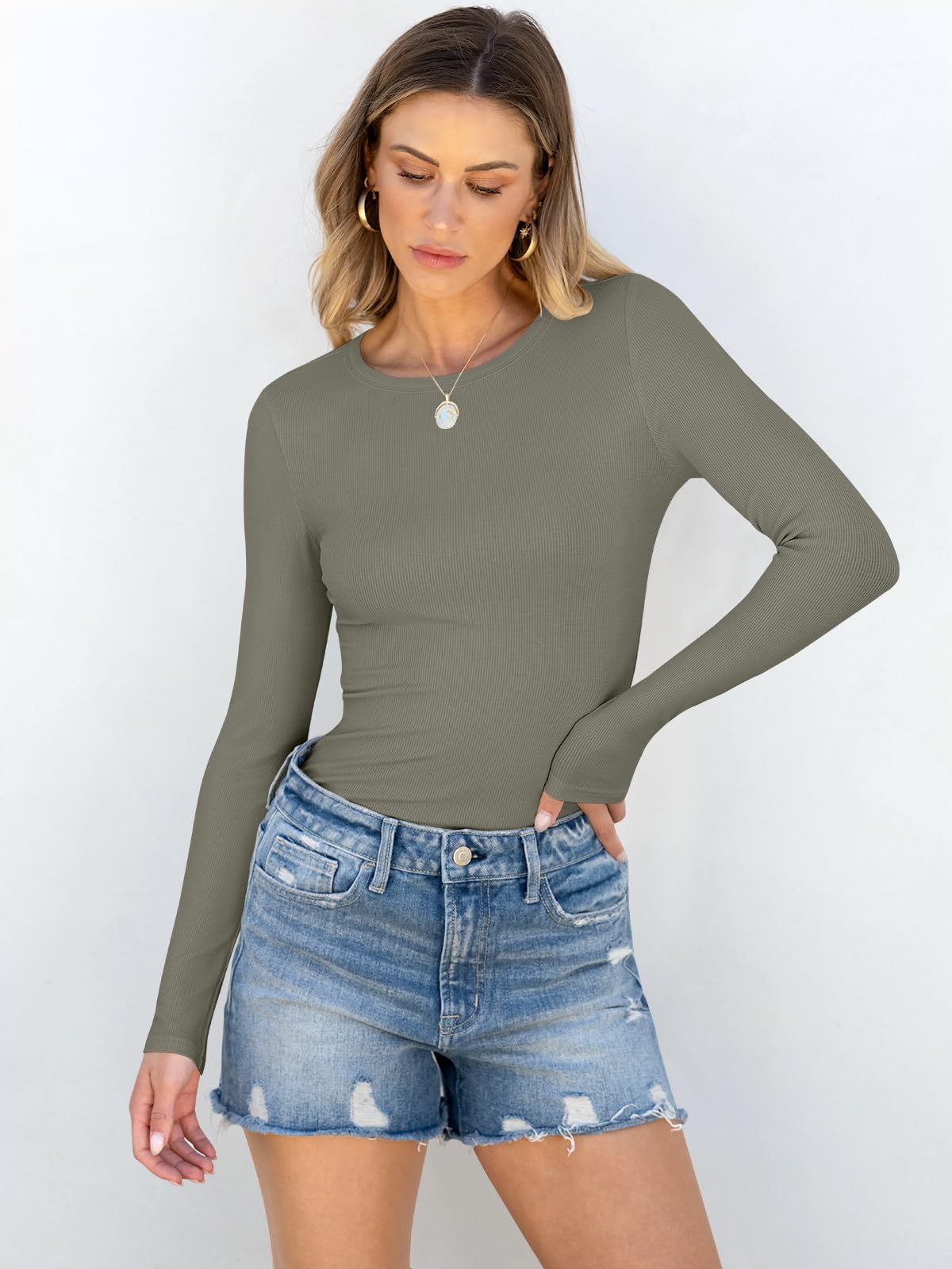 Women Long Sleeve Crewneck Rib Knit Slim Fit Shirts Basic Tee Tops