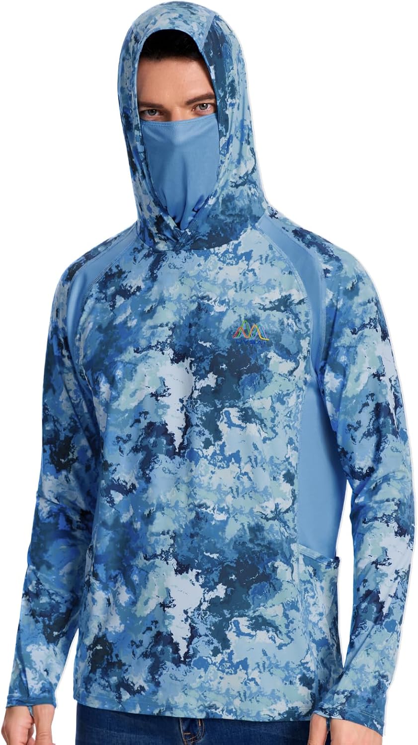 Men's UPF 50+ Hoodie Shirt with Mask Long Sleeve Permanent UV Sun Protection Neck Gaiter Performance T for Outdoor