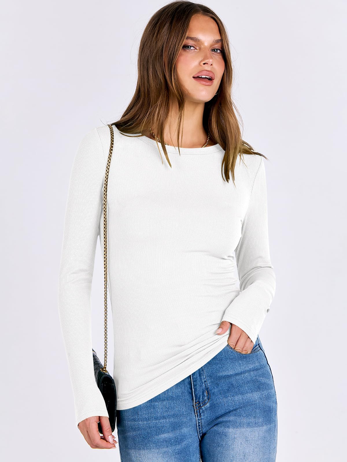 Women Long Sleeve Crewneck Rib Knit Slim Fit Shirts Basic Tee Tops
