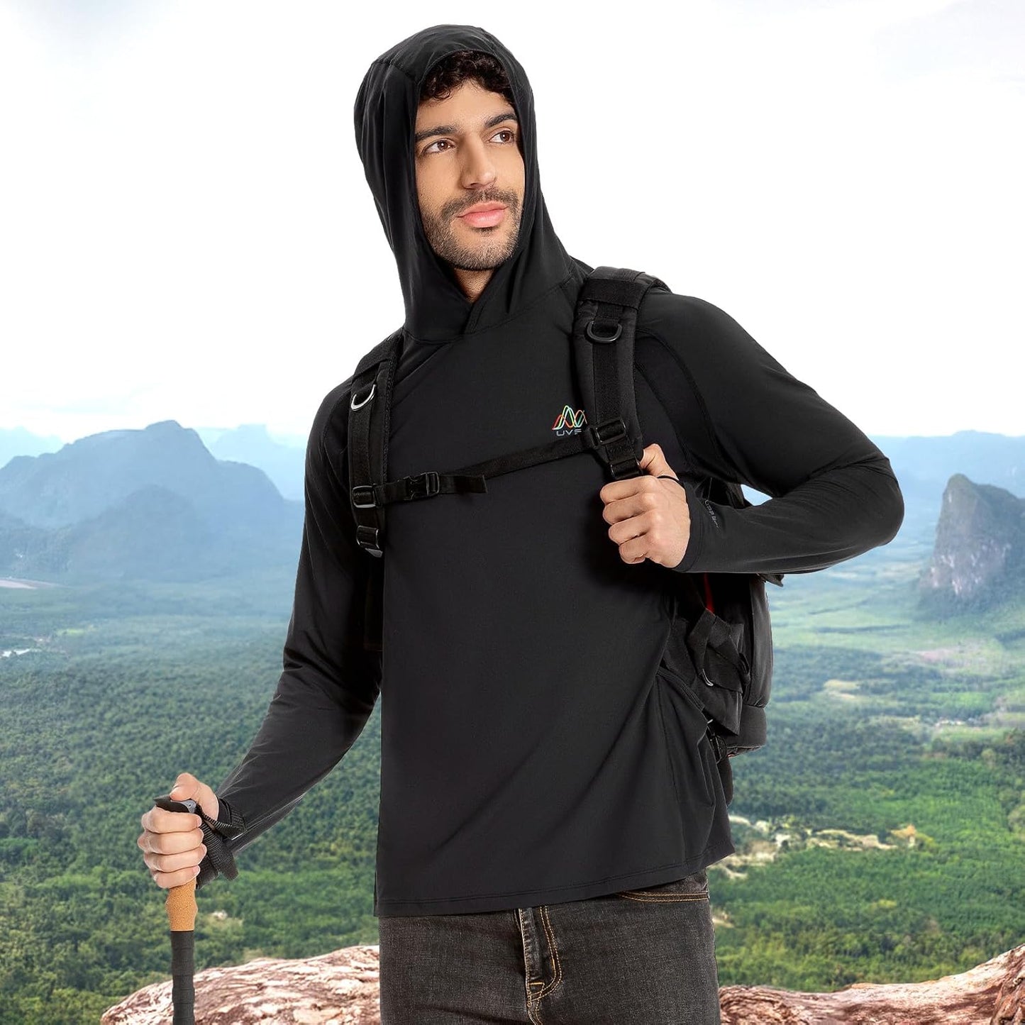 Men's UPF 50+ Hoodie Shirt with Mask Long Sleeve Permanent UV Sun Protection Neck Gaiter Performance T for Outdoor