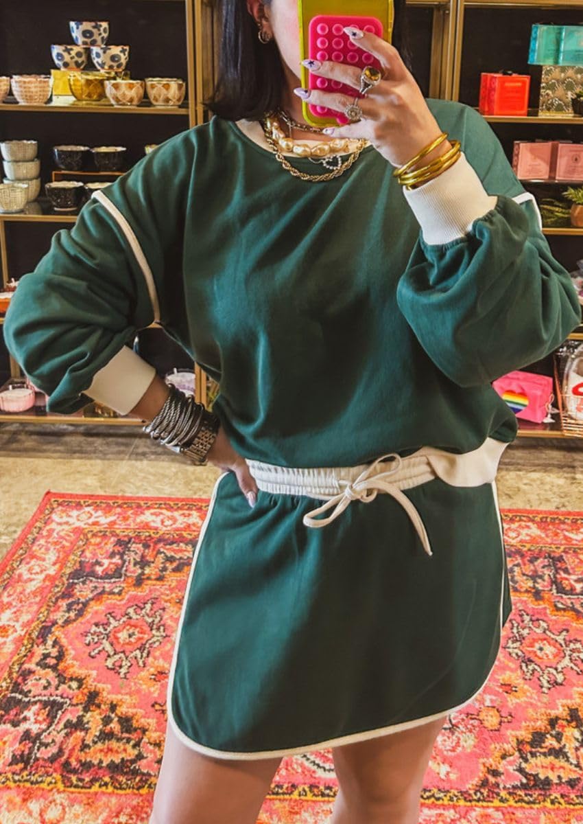 Contrast Loose Fit Sweater And Tie Waist Skirt Set (Buy 2 Free Shipping)