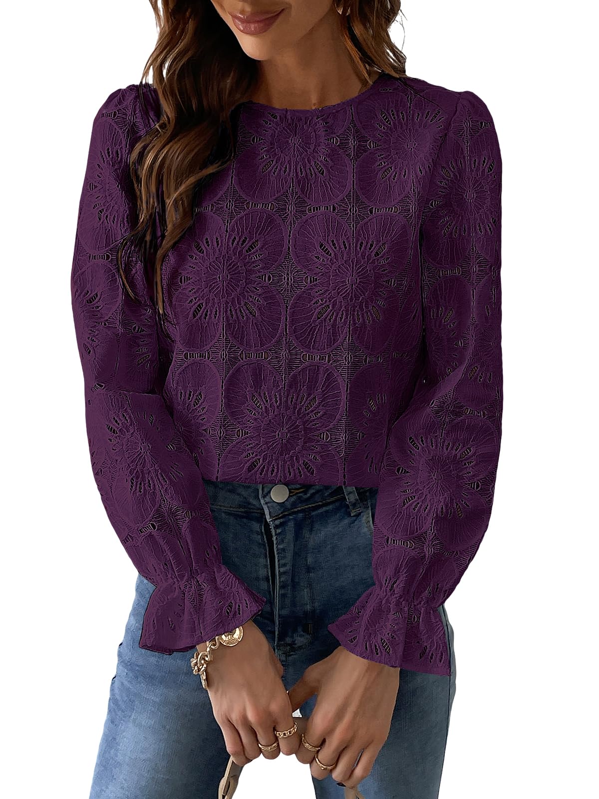 Women Eyelet Long Sleeve Tops