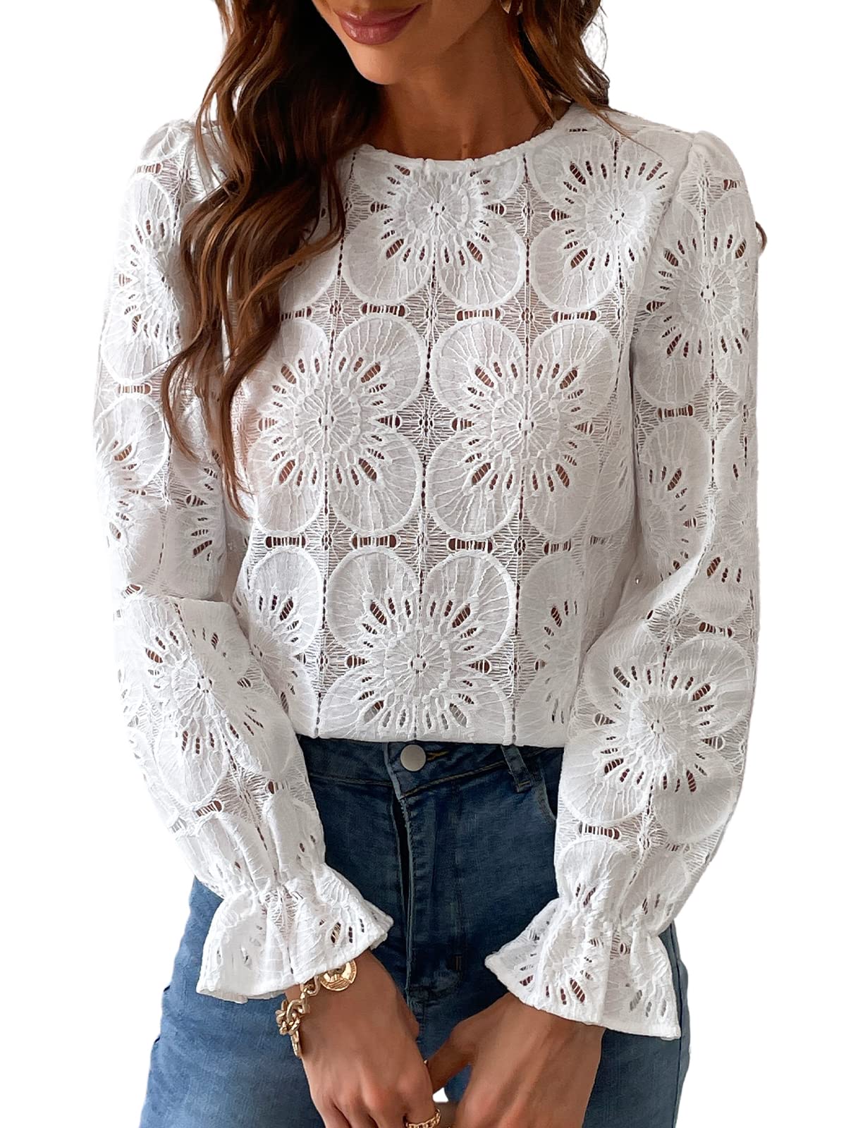 Women Eyelet Long Sleeve Tops