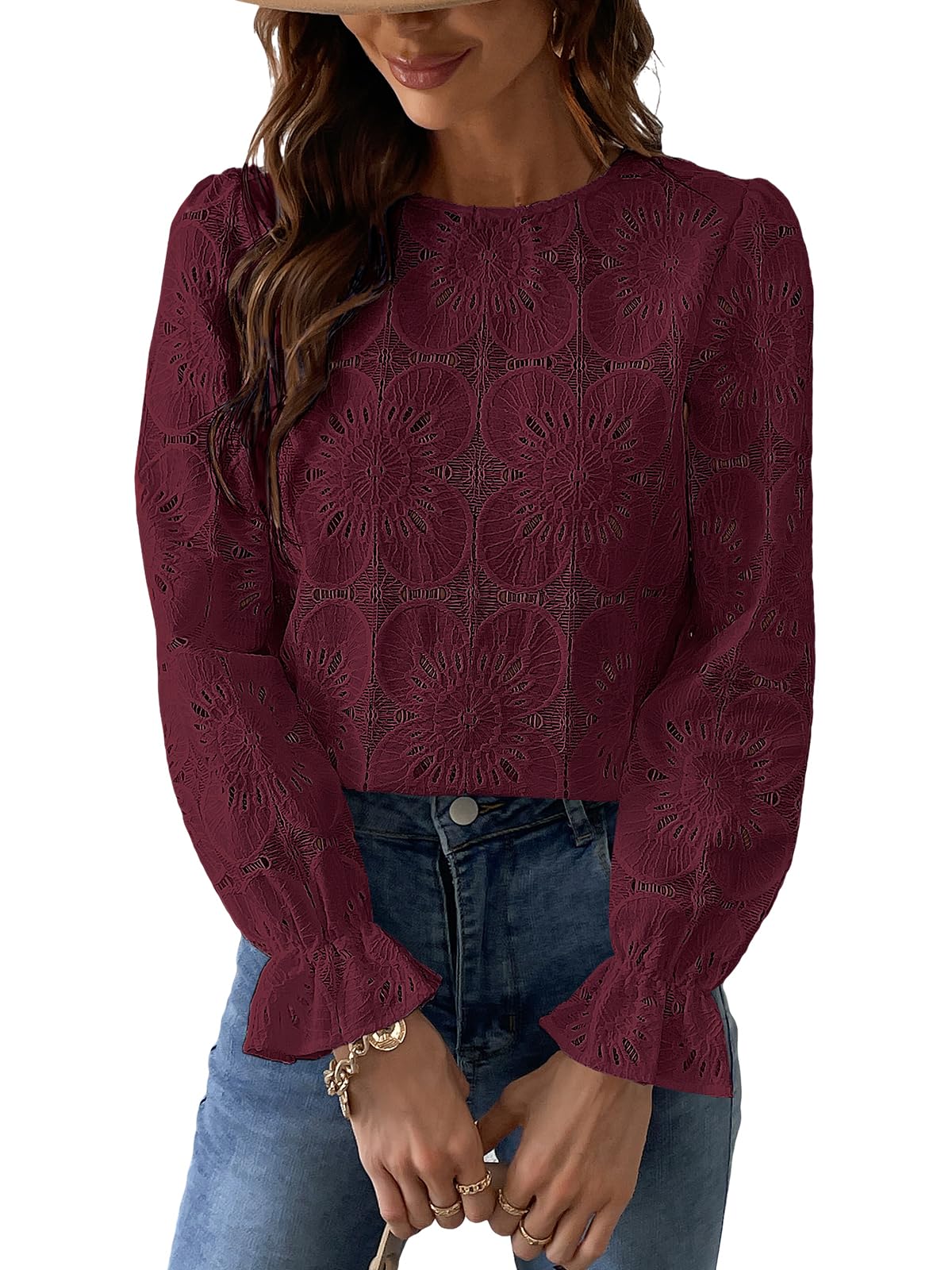Women Eyelet Long Sleeve Tops