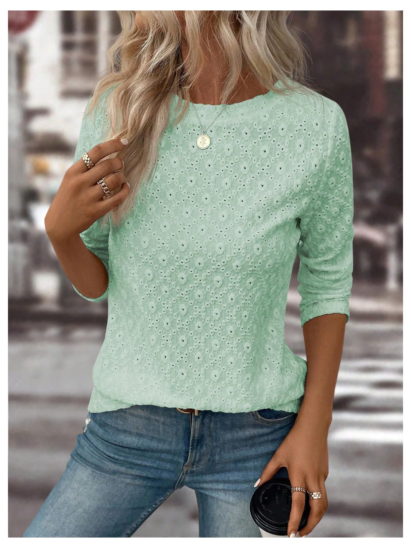 SweatyRocks Women's Eyelet Embroidery Long Sleeve Eyelet Tops