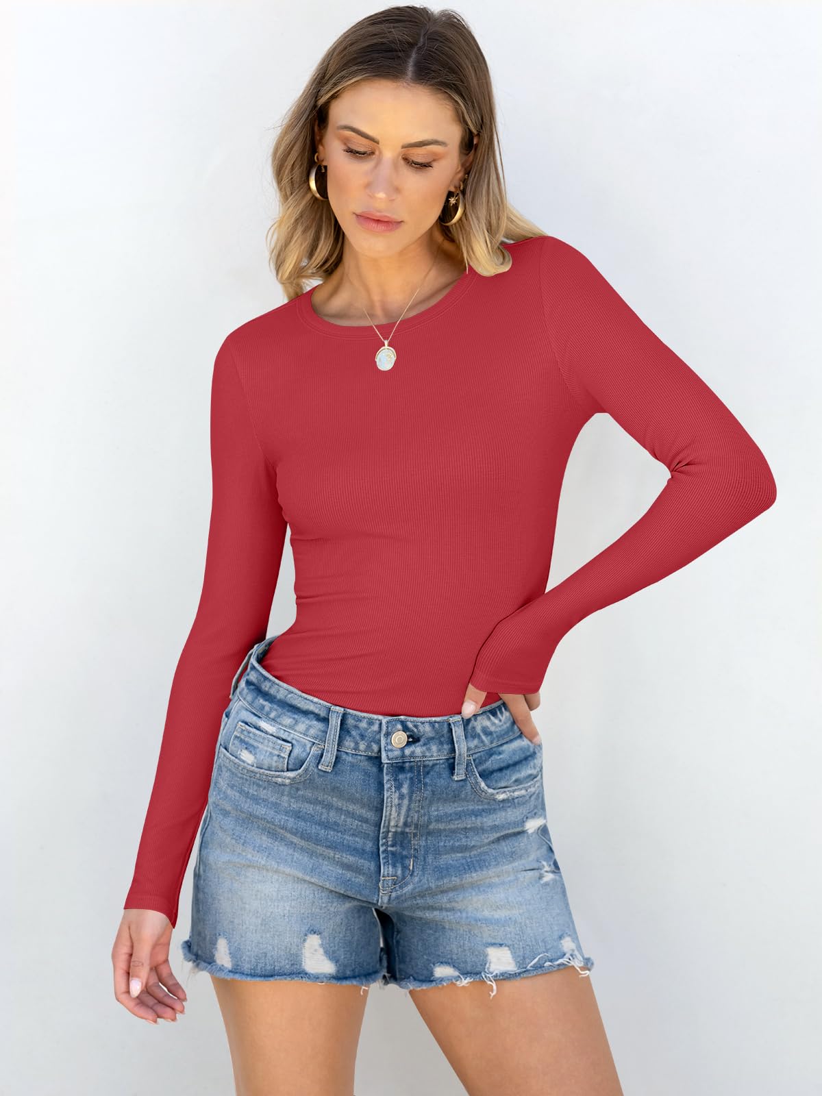 Women Long Sleeve Crewneck Rib Knit Slim Fit Shirts Basic Tee Tops