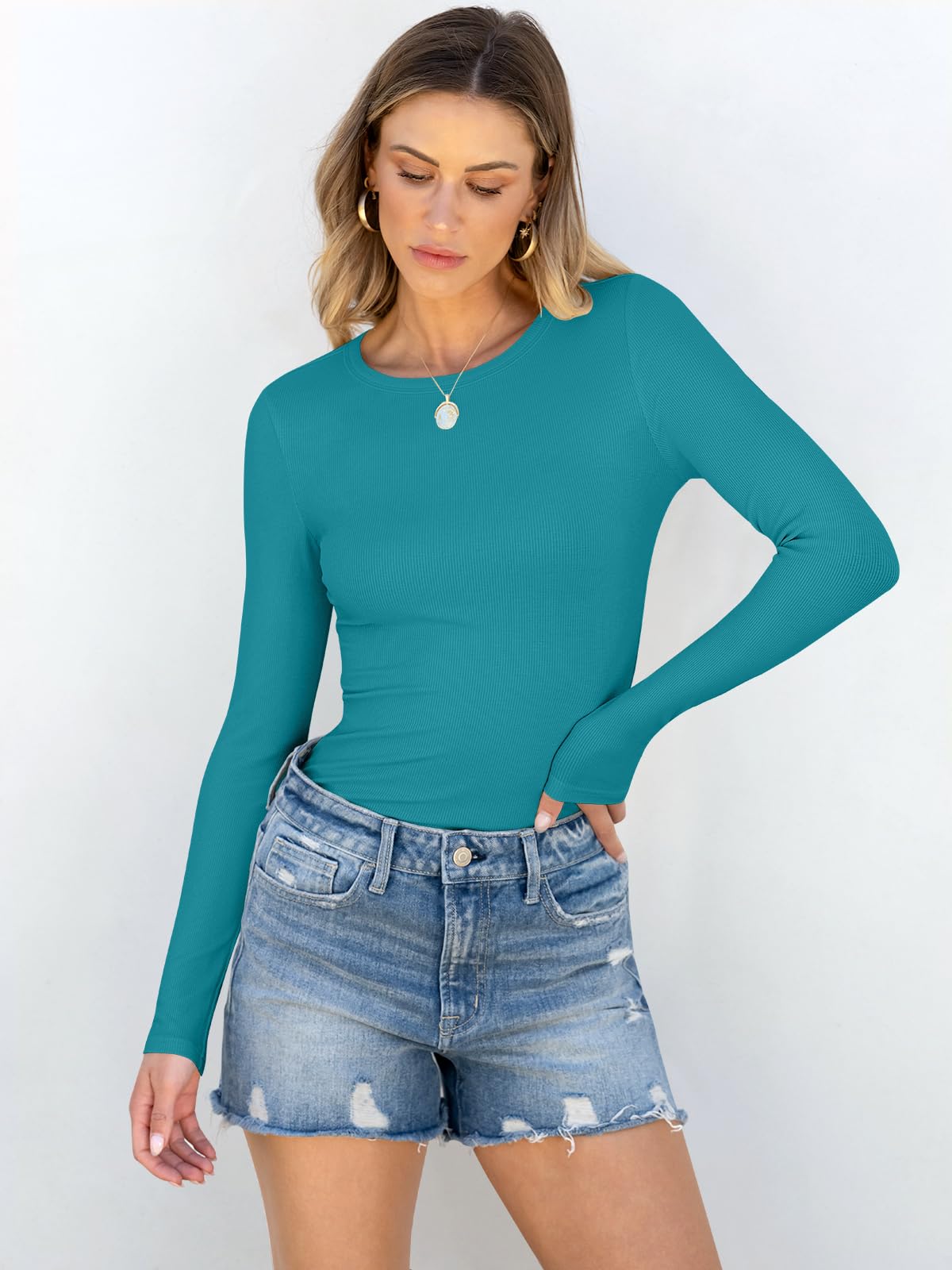Women Long Sleeve Crewneck Rib Knit Slim Fit Shirts Basic Tee Tops