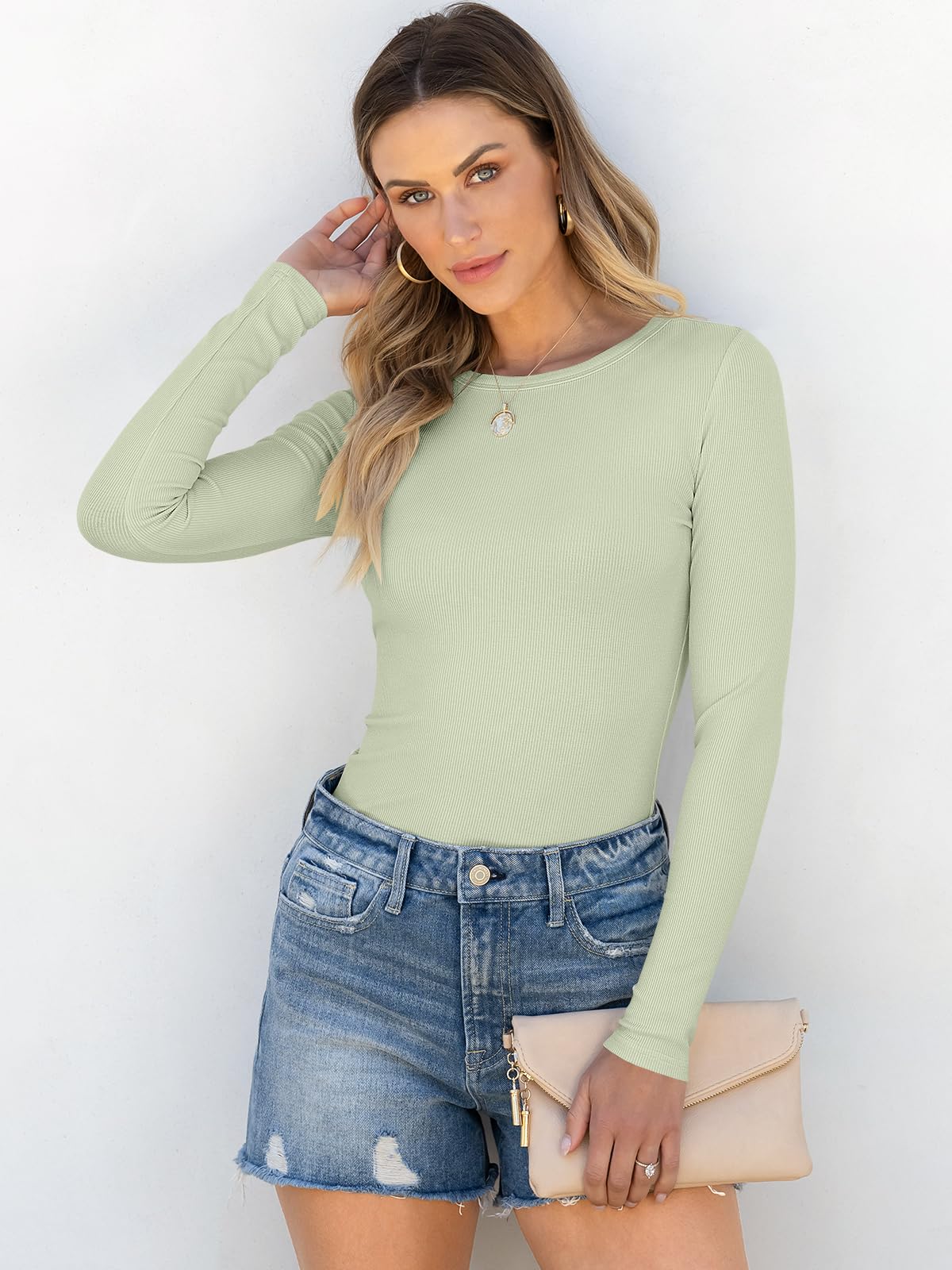 Women Long Sleeve Crewneck Rib Knit Slim Fit Shirts Basic Tee Tops