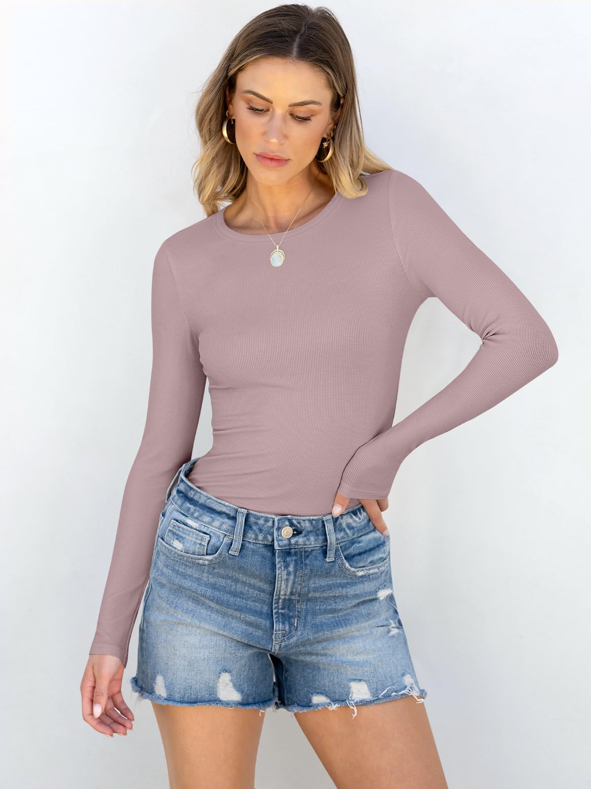 Women Long Sleeve Crewneck Rib Knit Slim Fit Shirts Basic Tee Tops