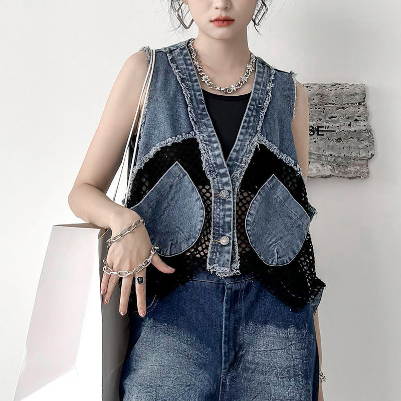 Vintage Mesh Splicing Denim Vest