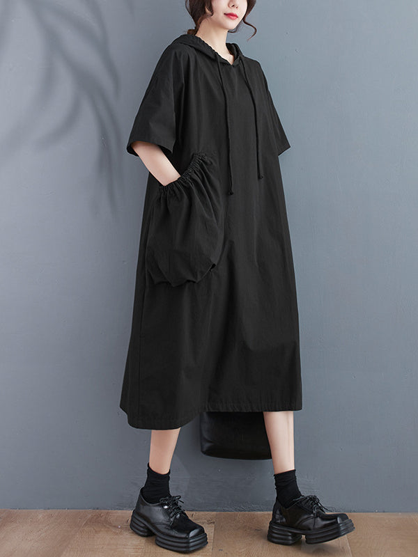 Loose Hooded Short Sleeve Midi Dress