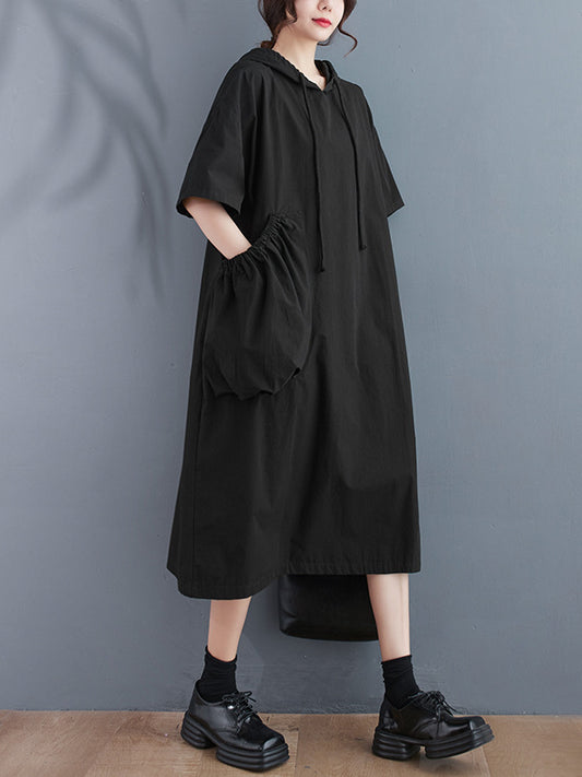 Loose Hooded Short Sleeve Midi Dress