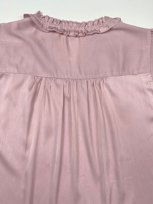 Loose Ruffle Sleeves Pleated Solid Color V-Neck T-Shirts Tops