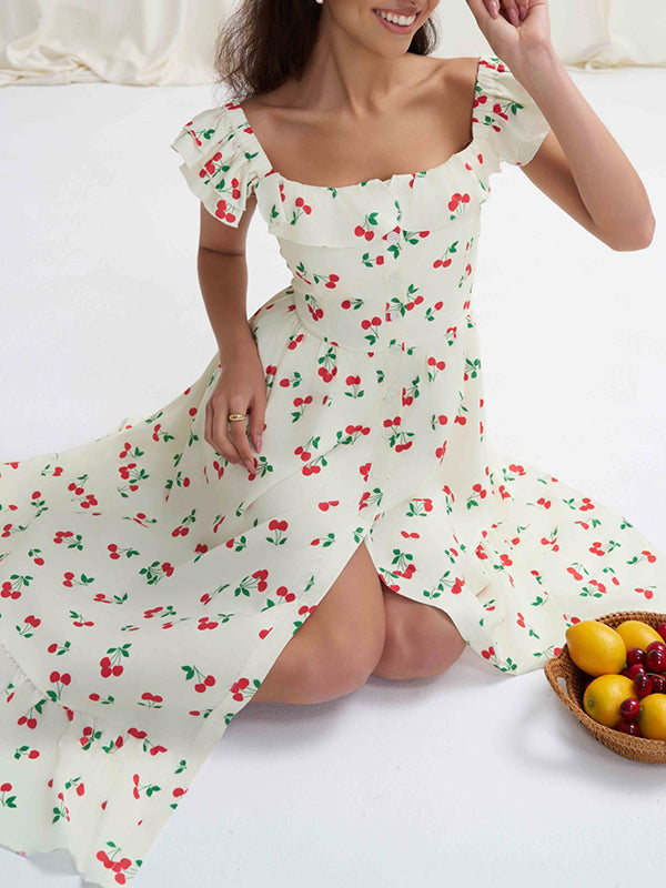 High Waisted Loose Buttoned Elasticity Flower Print Pleated Square-Neck Midi Dresses