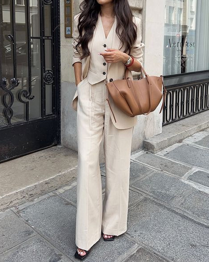 Casual Stripe Vest And Blazer Three-Piece Set