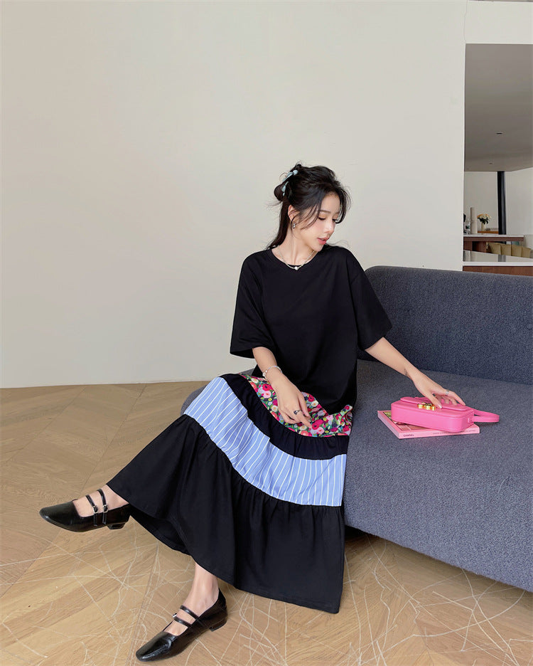 Literary Colorblocking Short Sleeve Midi Dress